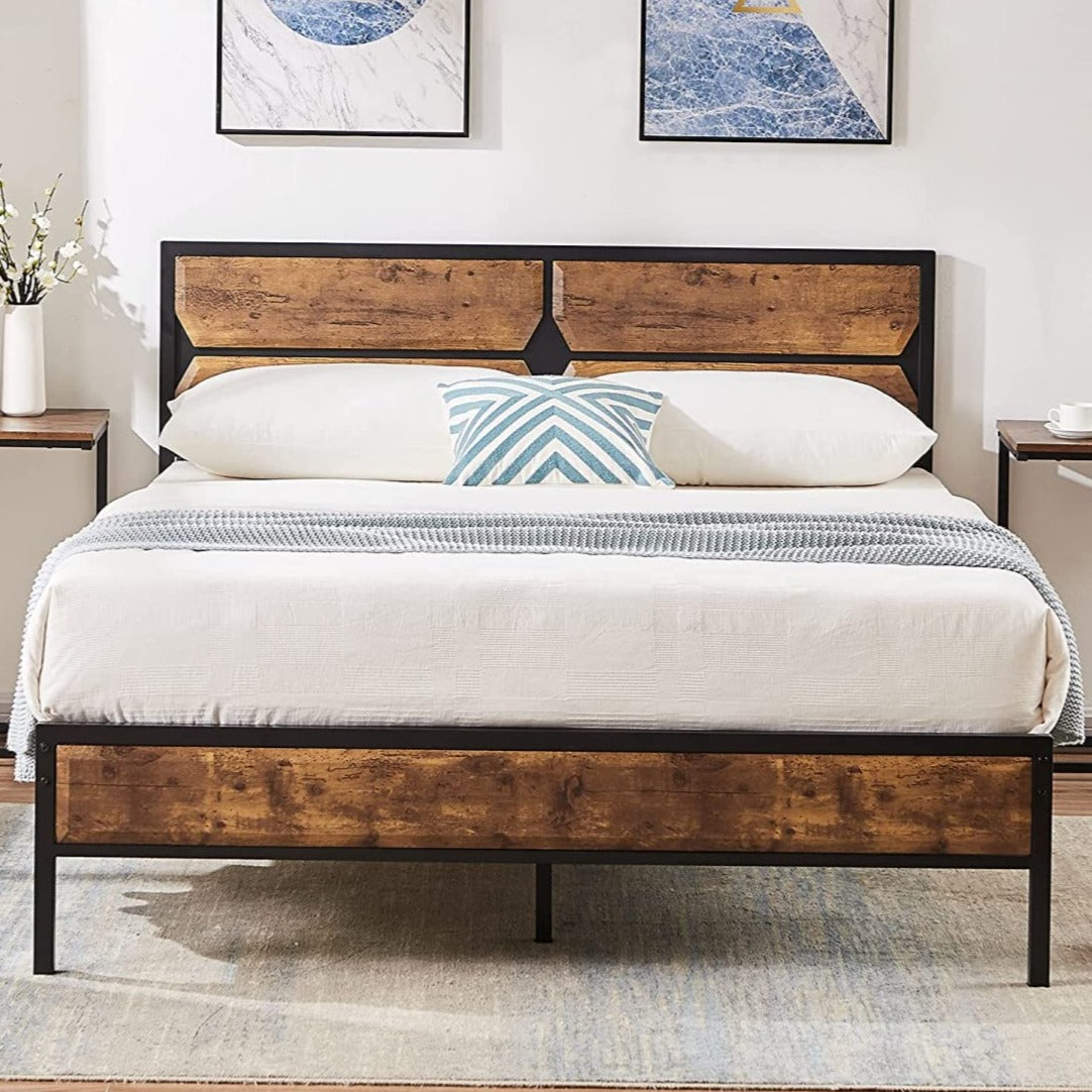 VECELO Metal Bed Frame Platform with Wooden Headboard&Footboard Mattress Foundation
