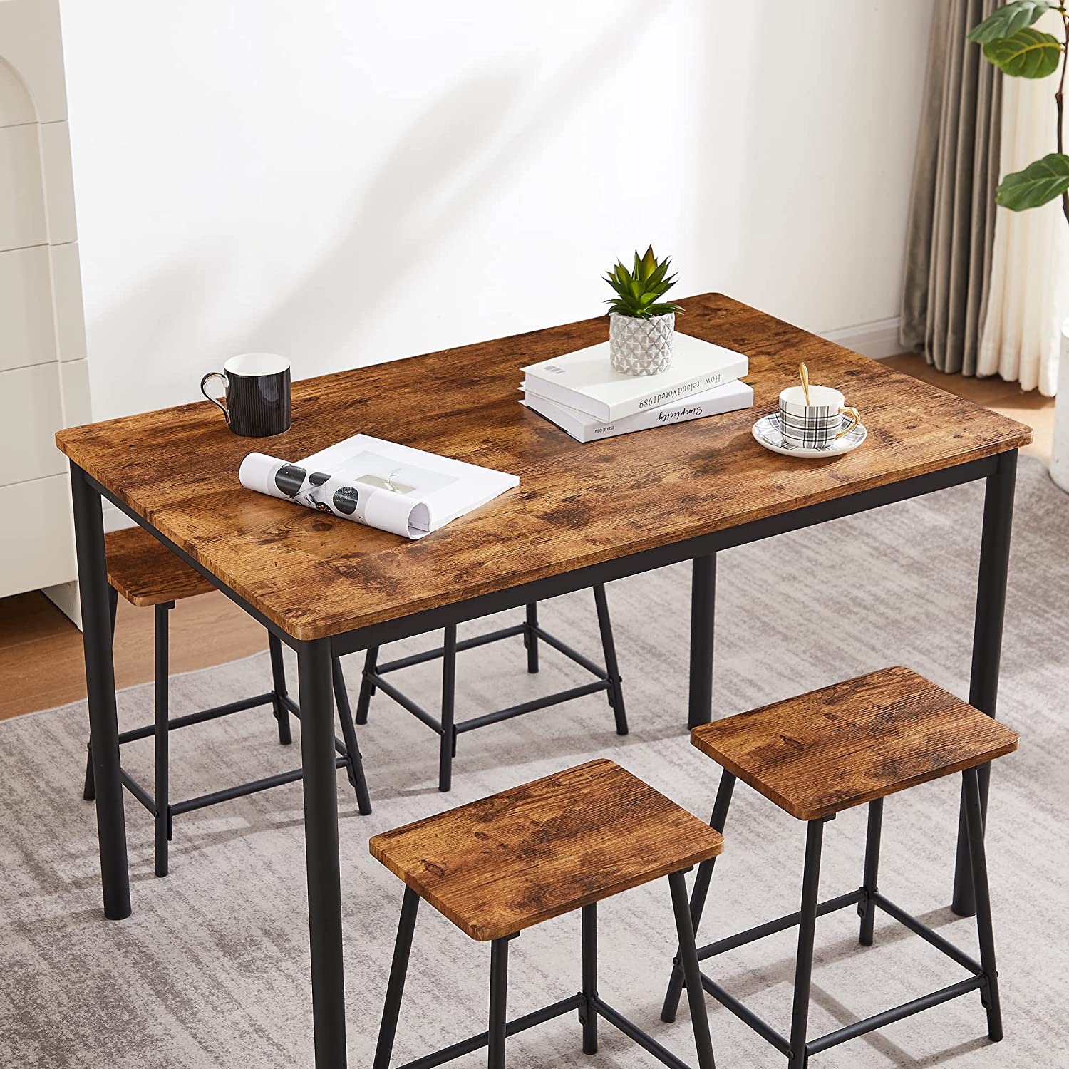 VECELO 5-Piece Dining Table Set Metal and Wood Kitchen Furniture with 4 Stools - VECELO