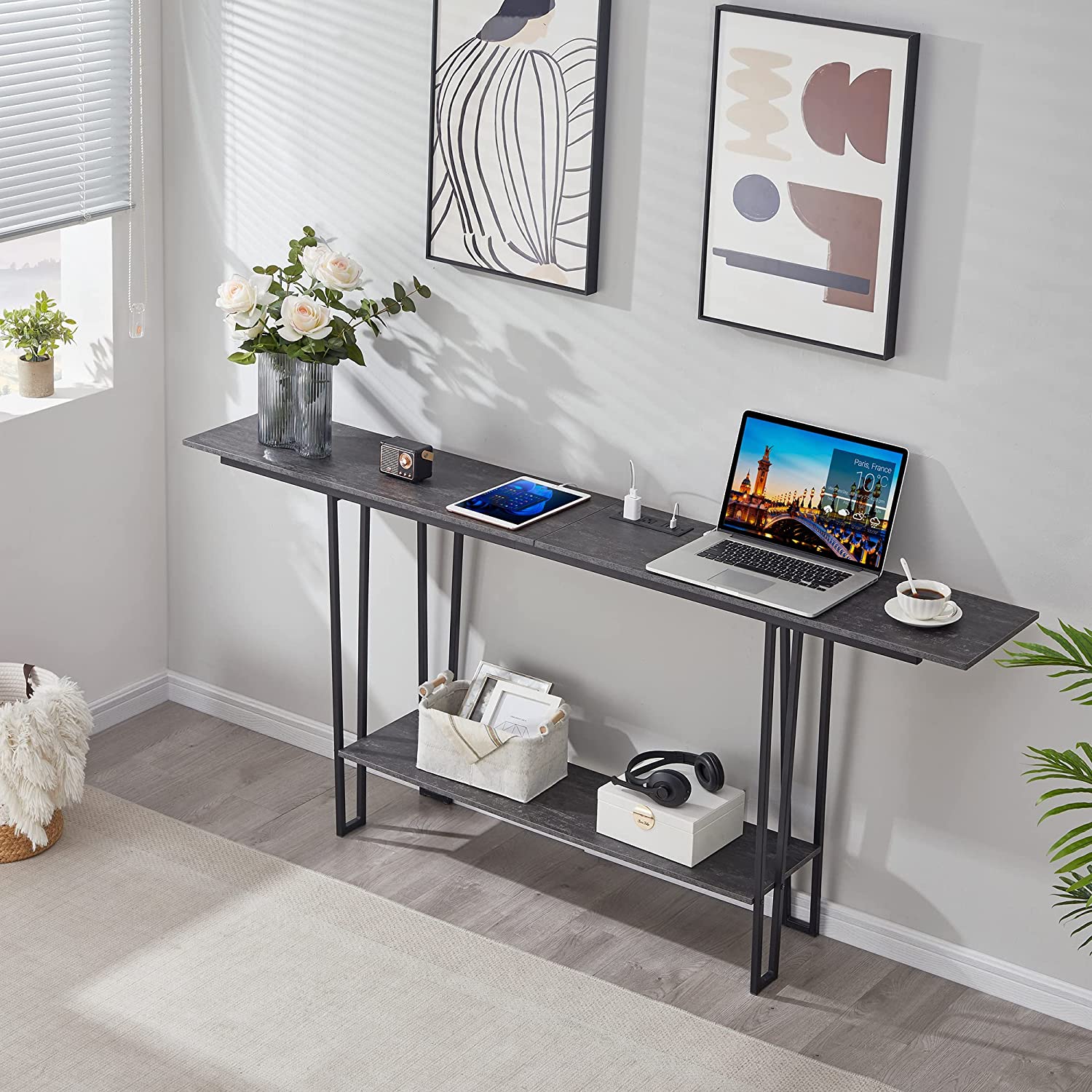 VECELO Couch Side & Console Table with 2 Outlets & 2 USB Ports - VECELO