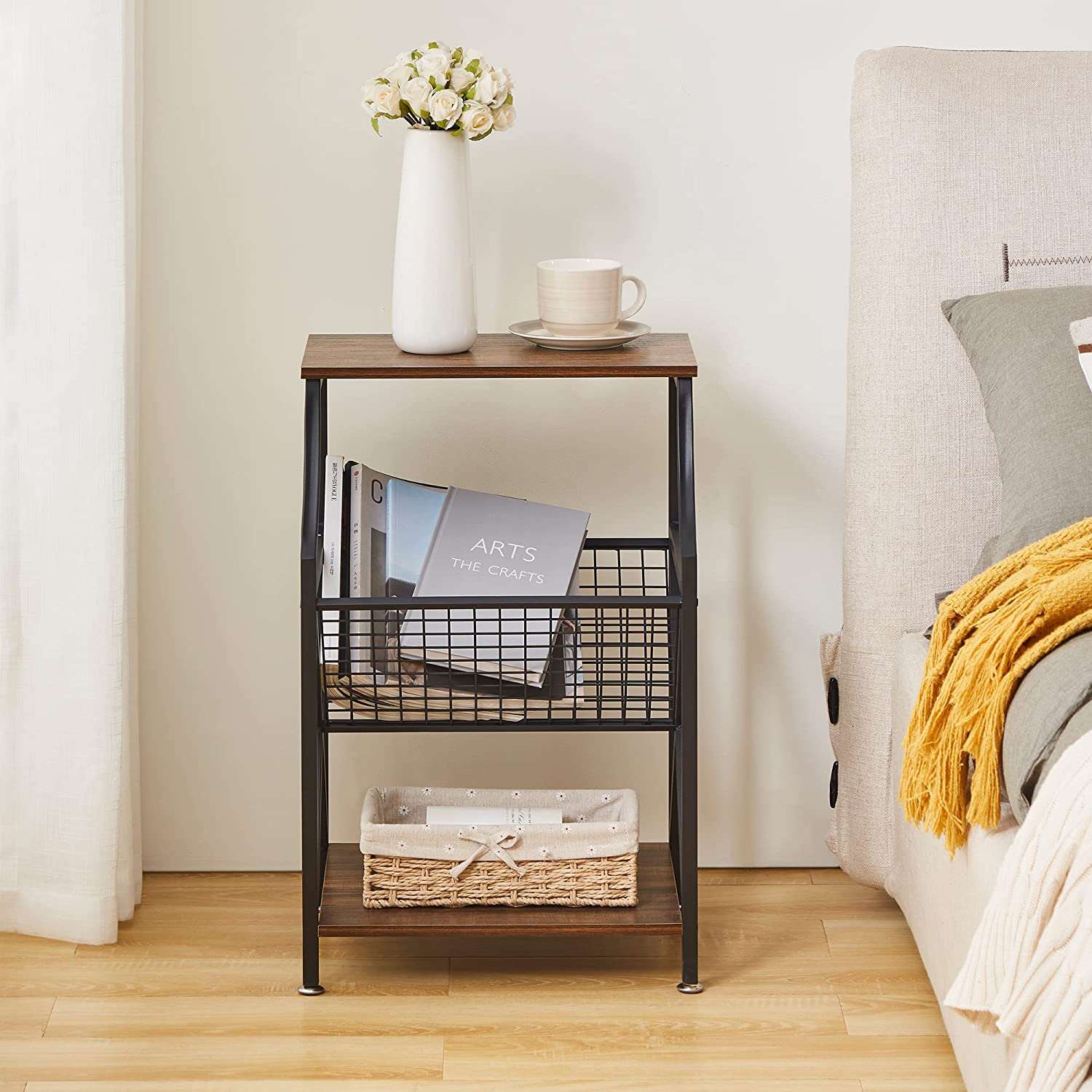 VECELO 3-Tier End Table with Storage Magazine Holder - VECELO