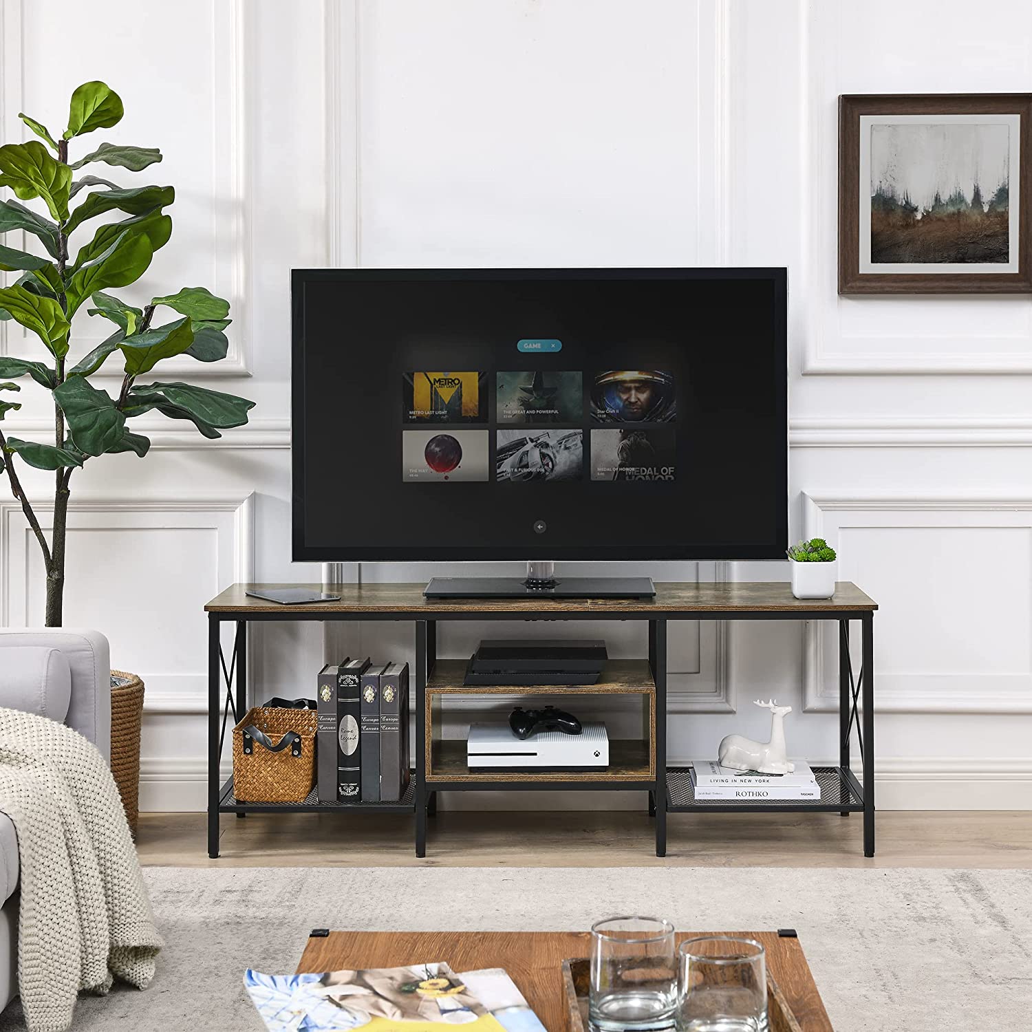 VECELO Industrial TV Stand Television Cabinet 3-Tier Console with Open Storage Shelves, Entertainment Center with Metal Frame for Living Room