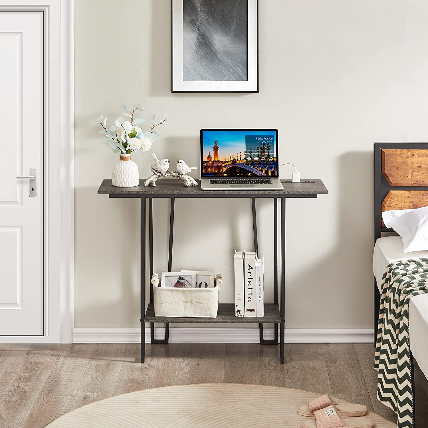 VECELO Couch Side & Console Table with 2 Outlets & 2 USB Ports - VECELO