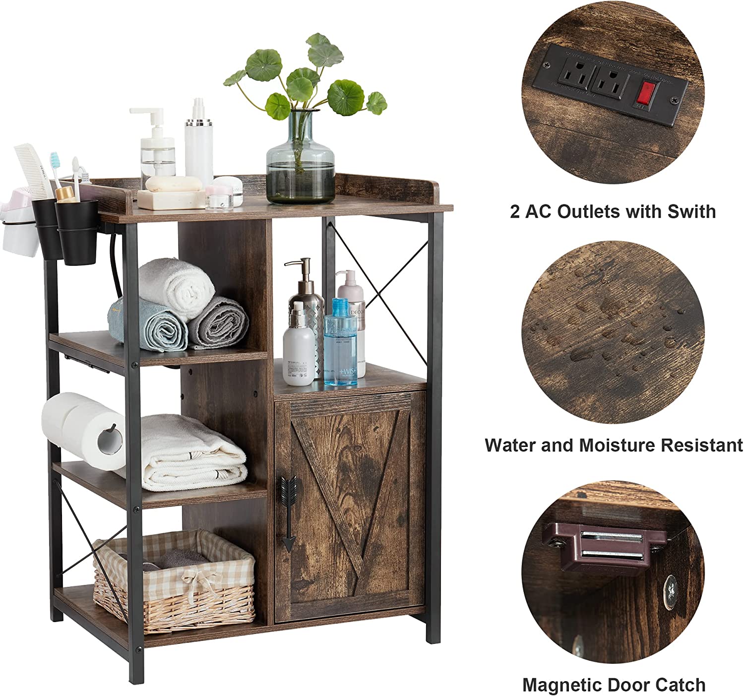 VECELO Floor Cabinet, Freestanding Storage Organizer with 2 Outlets & 3 Shelves for Bathroom, Kitchen,Hallway