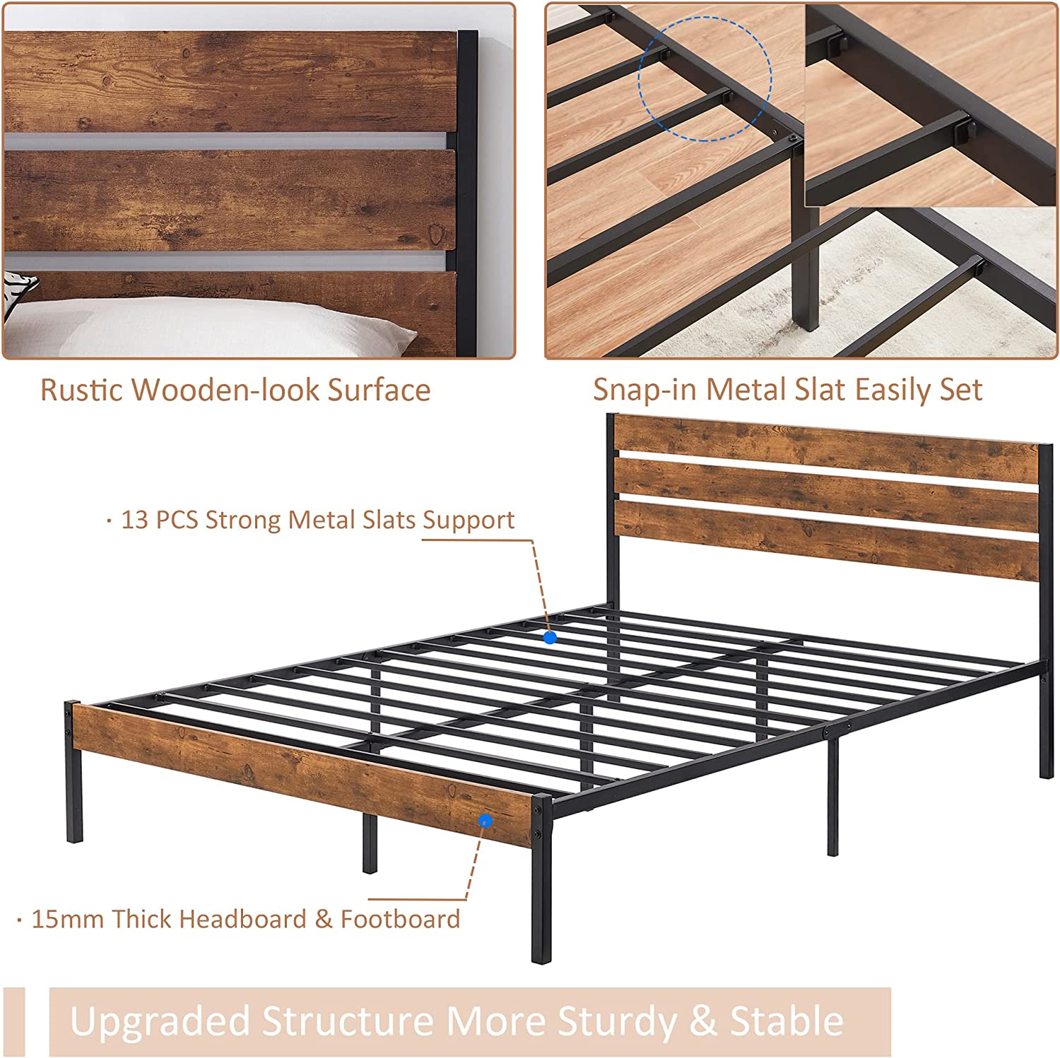 VECELO Platform Bed Frame with Rustic Vintage Wood Headboard/Strong Metal Slats Support
