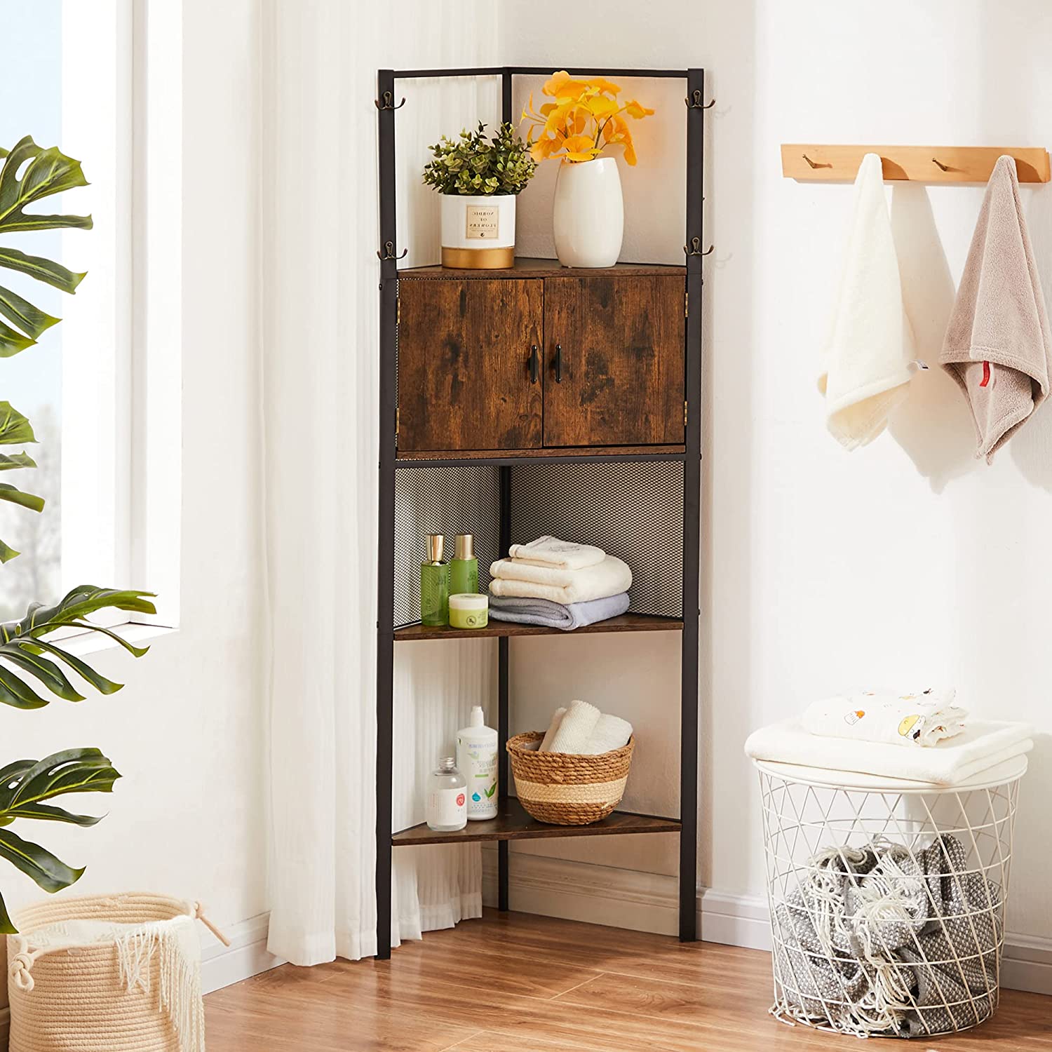 VECELO 5 Tier Corner Storage Cabinet with Wooden Shelves Free-Standing Organizer - VECELO