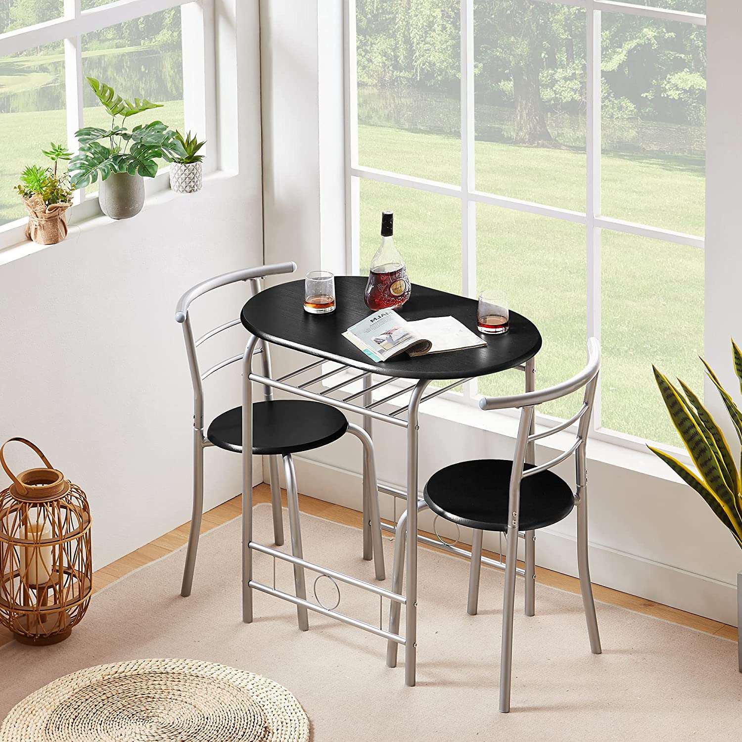 VECELO 3 Piece Wood Round Table & Chair Set with Wine Storage Rack for Dining Room Kitchen Bar Breakfast