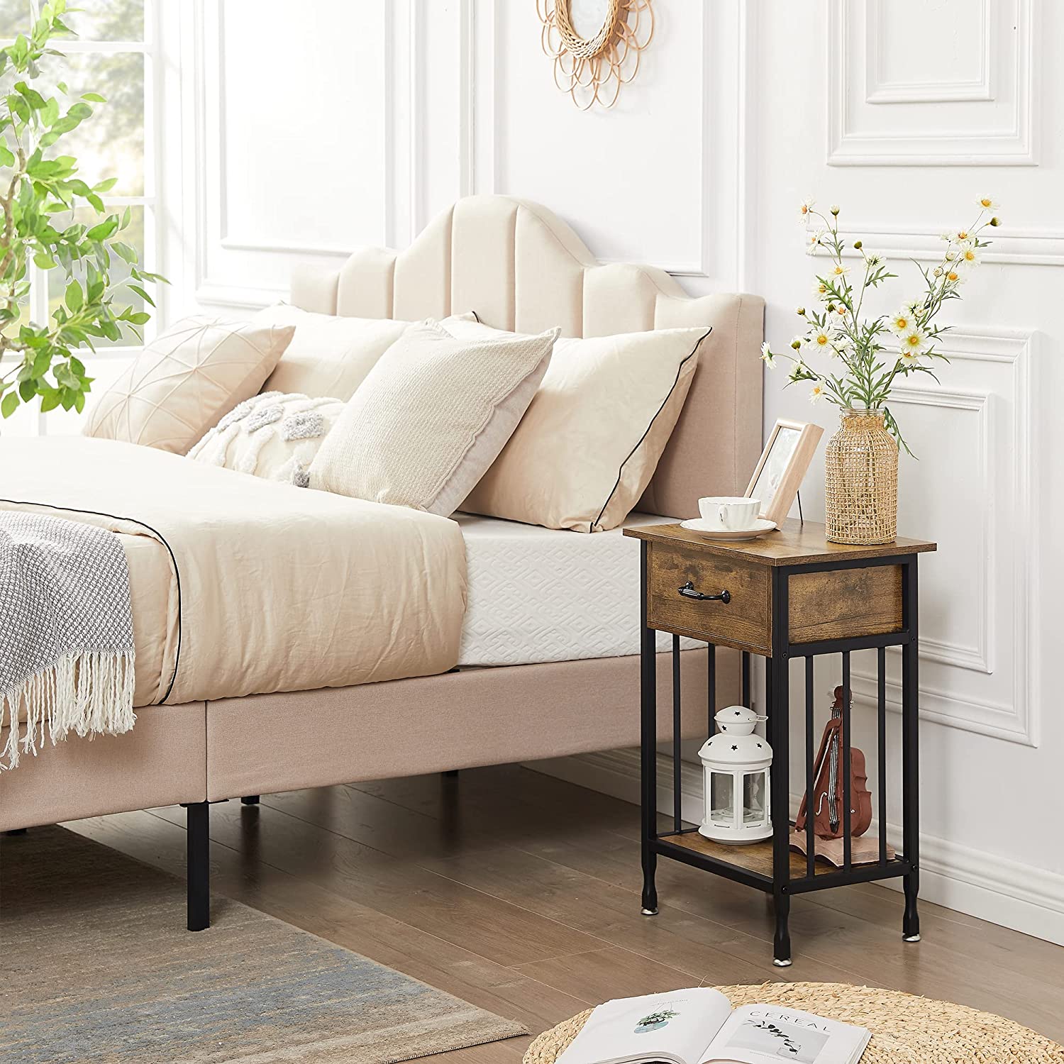 VECELO Industrial End Table,Nightstand with Drawer and Storage Shelf