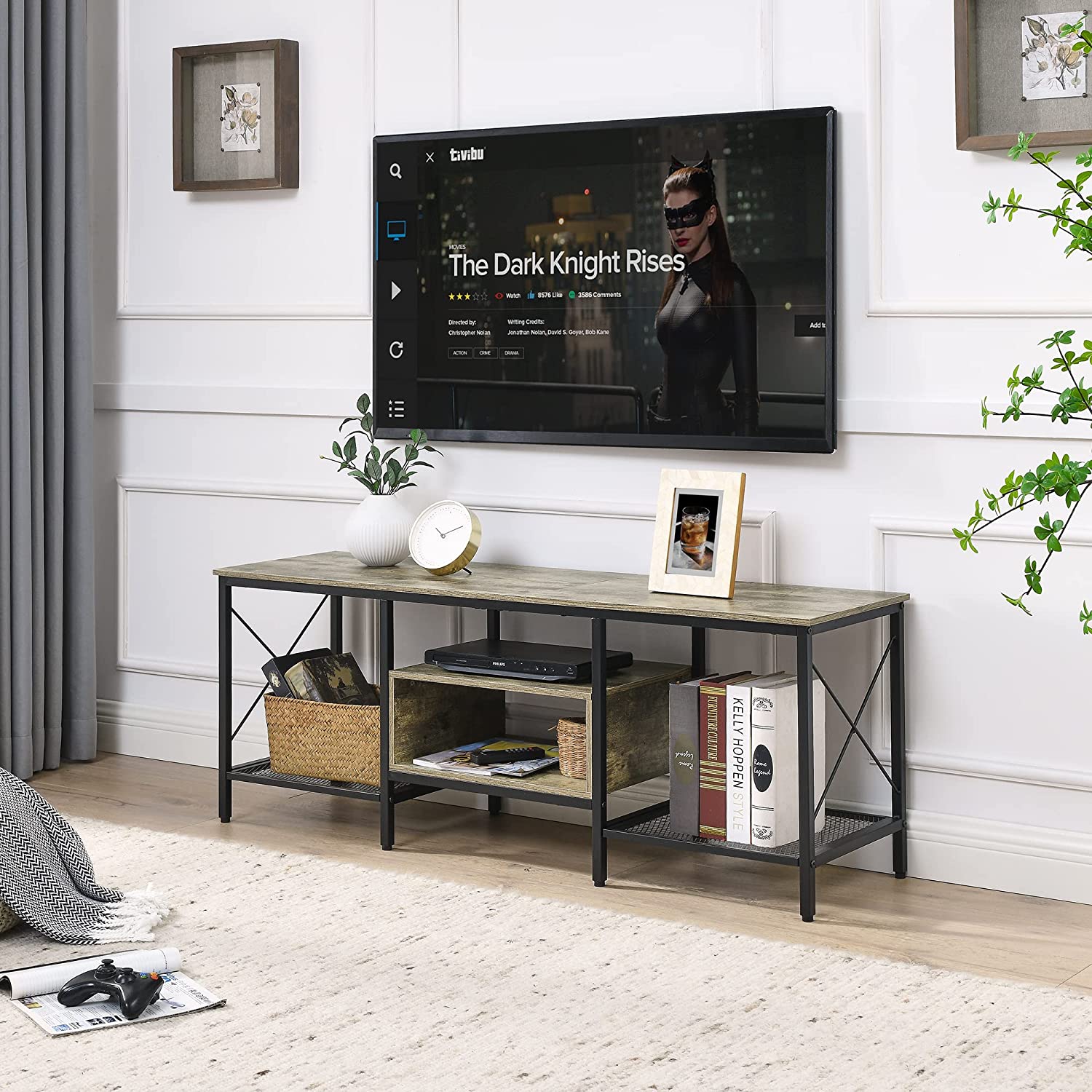 VECELO Industrial TV Stand Television Cabinet 3-Tier Console with Open Storage Shelves, Entertainment Center with Metal Frame for Living Room