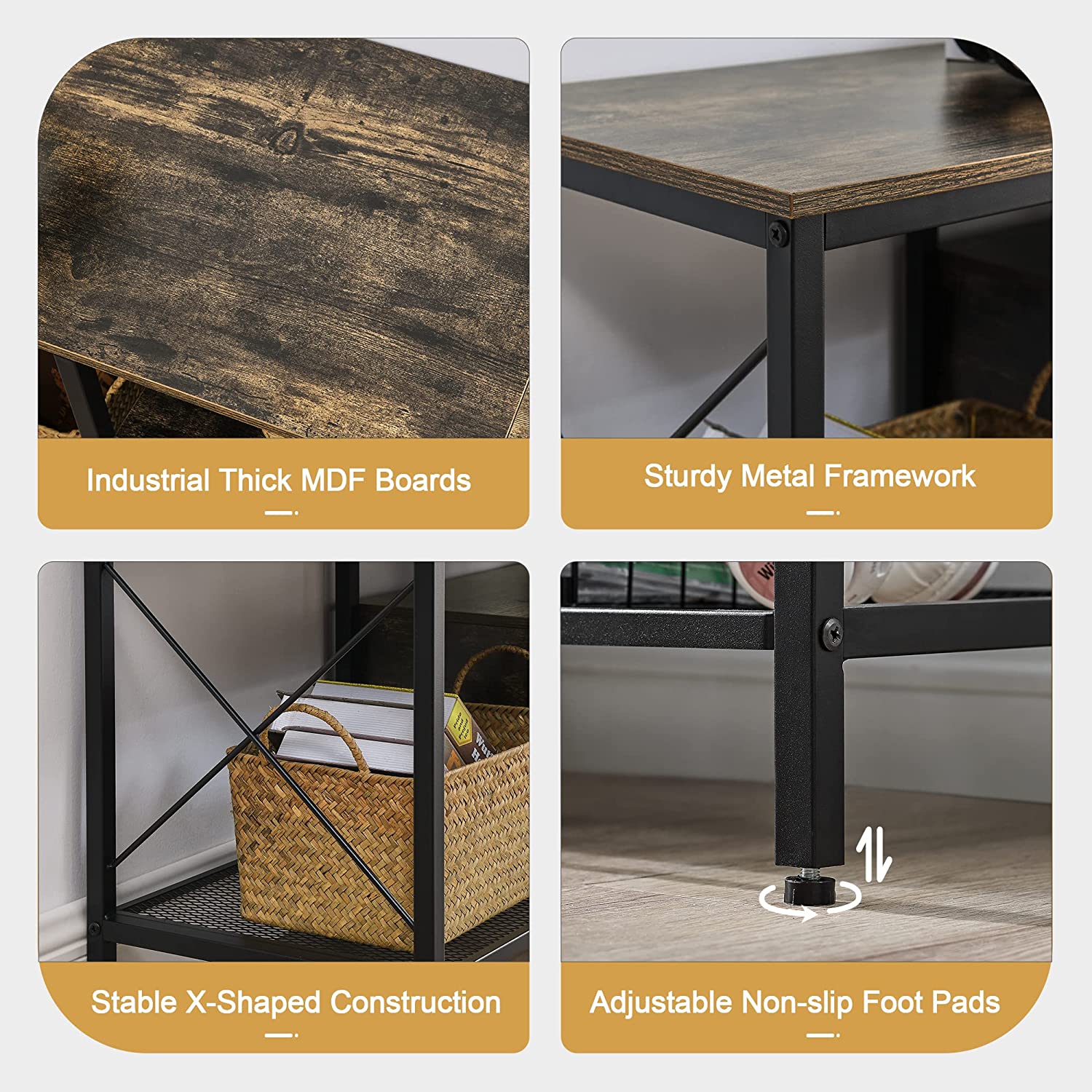 VECELO Industrial TV Stand Television Cabinet 3-Tier Console with Open Storage Shelves, Entertainment Center with Metal Frame for Living Room