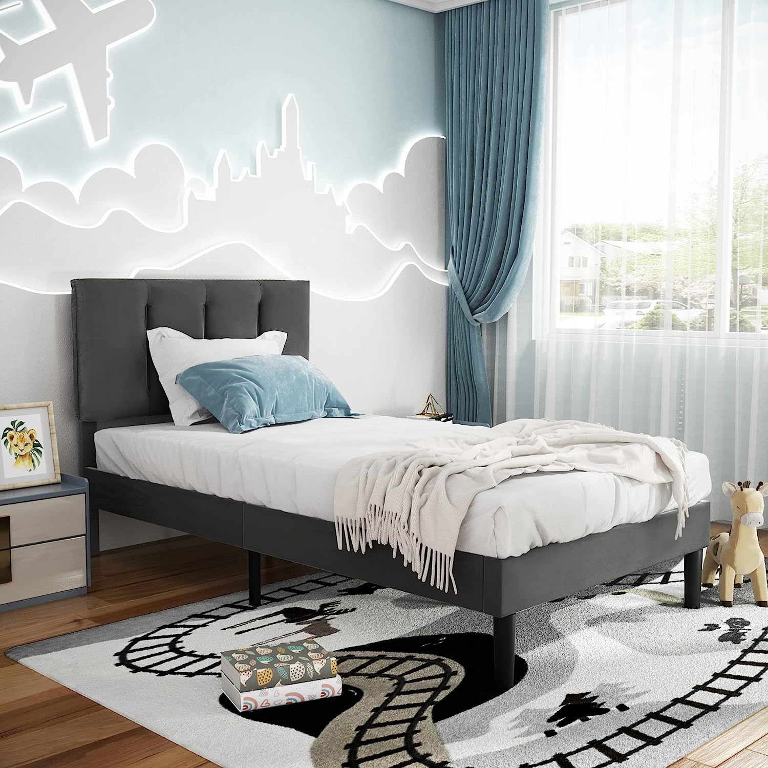 VECELO Modern Upholstered Platform Bedframe, Adjustable Headboard