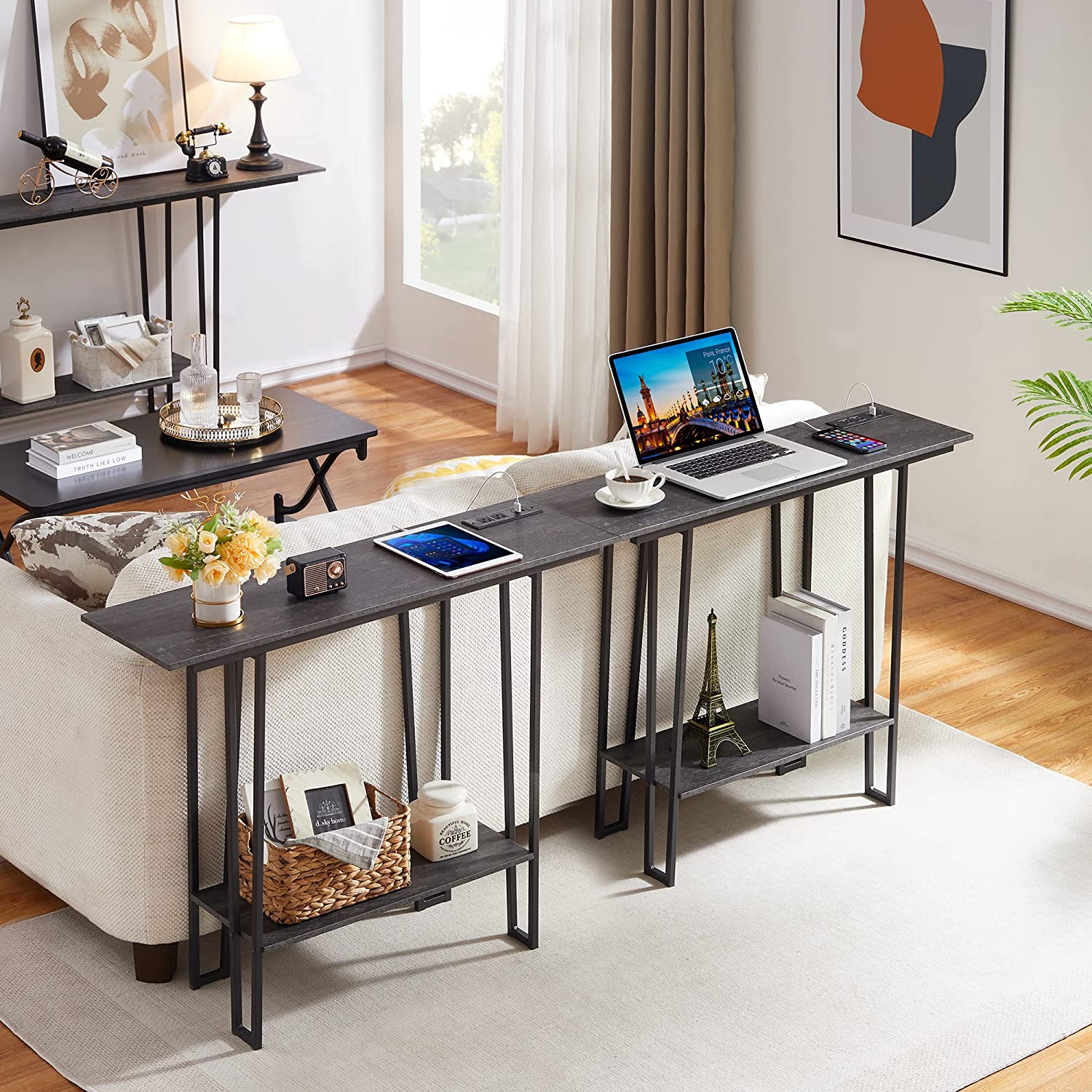 VECELO Couch Side & Console Table with 2 Outlets & 2 USB Ports - VECELO