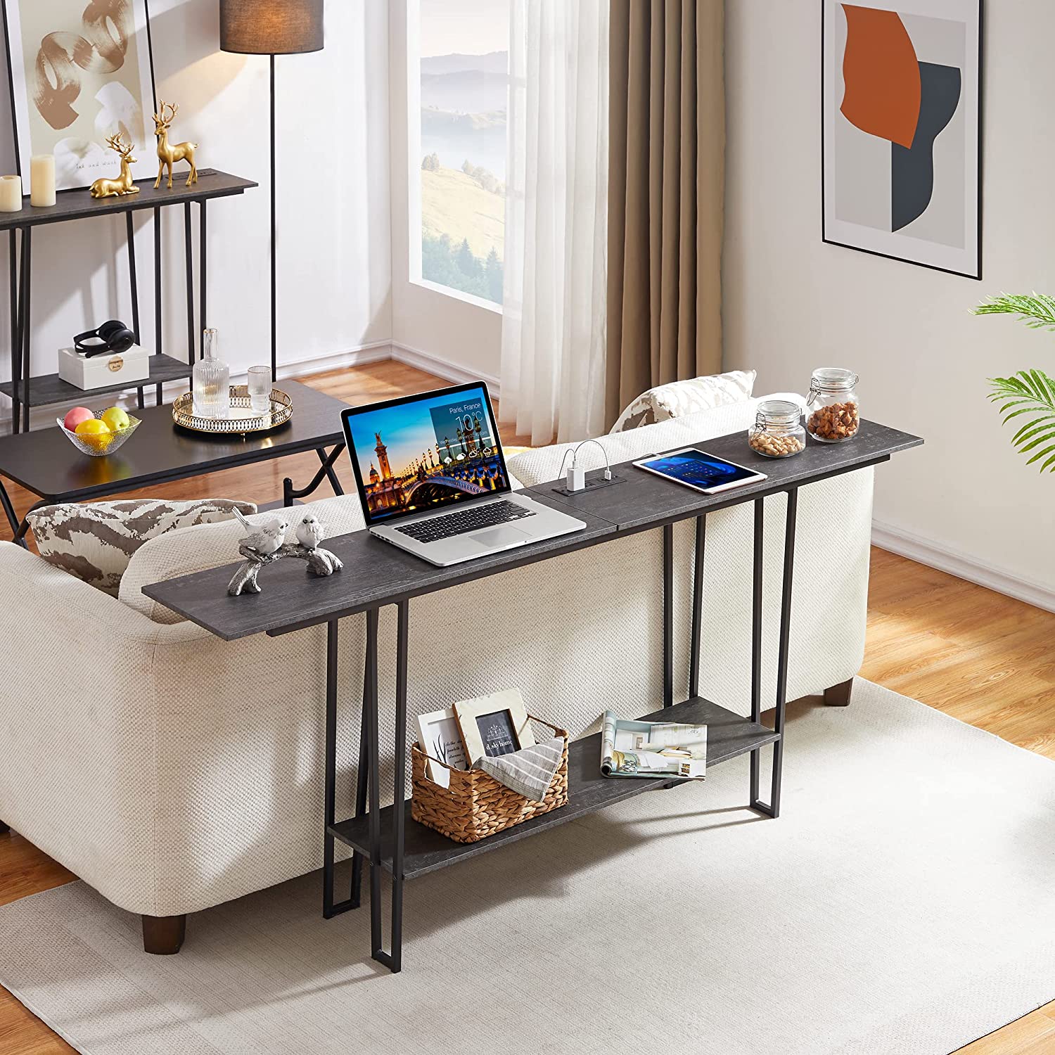 VECELO Couch Side & Console Table with 2 Outlets & 2 USB Ports - VECELO