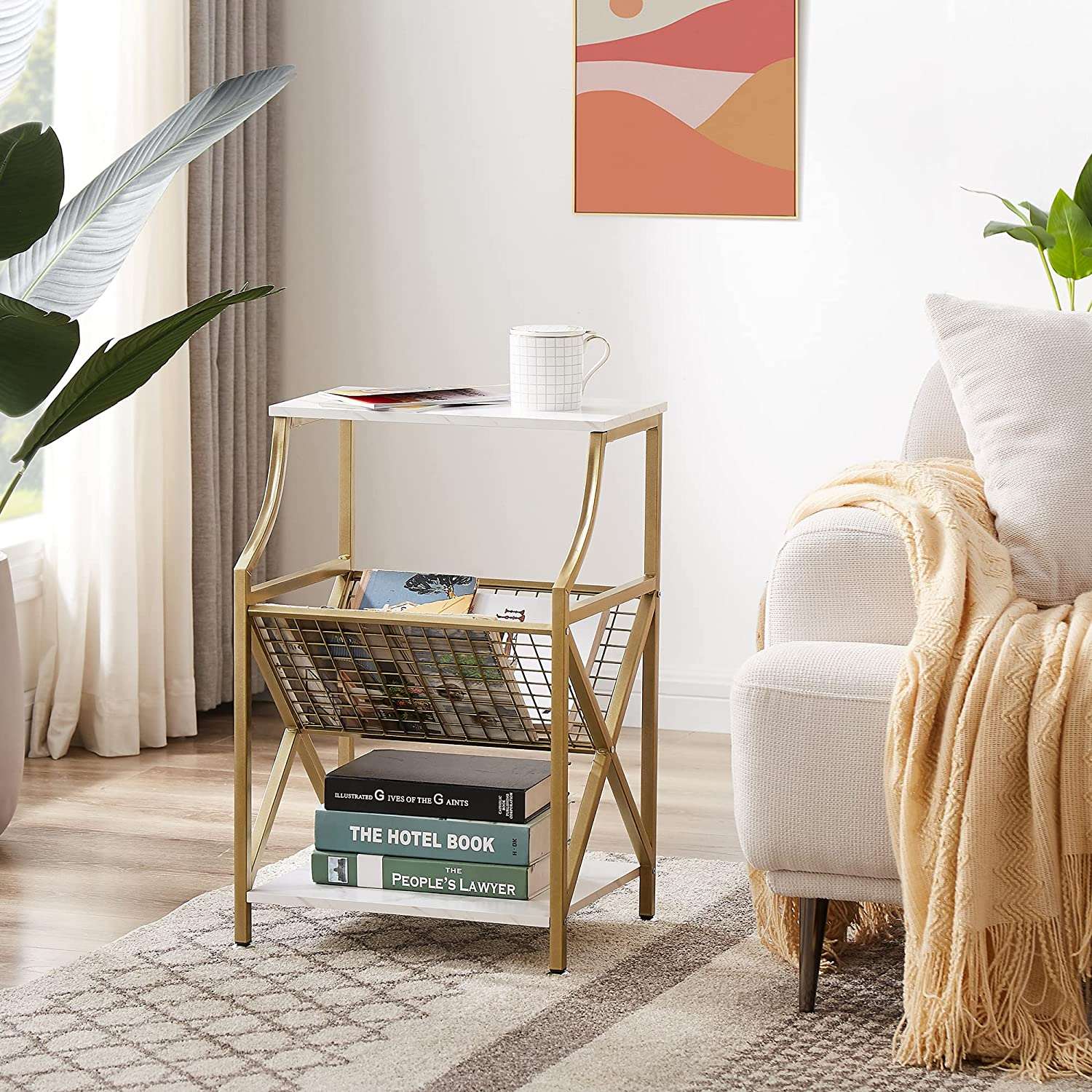 VECELO 3-Tier End Table with Storage Magazine Holder - VECELO