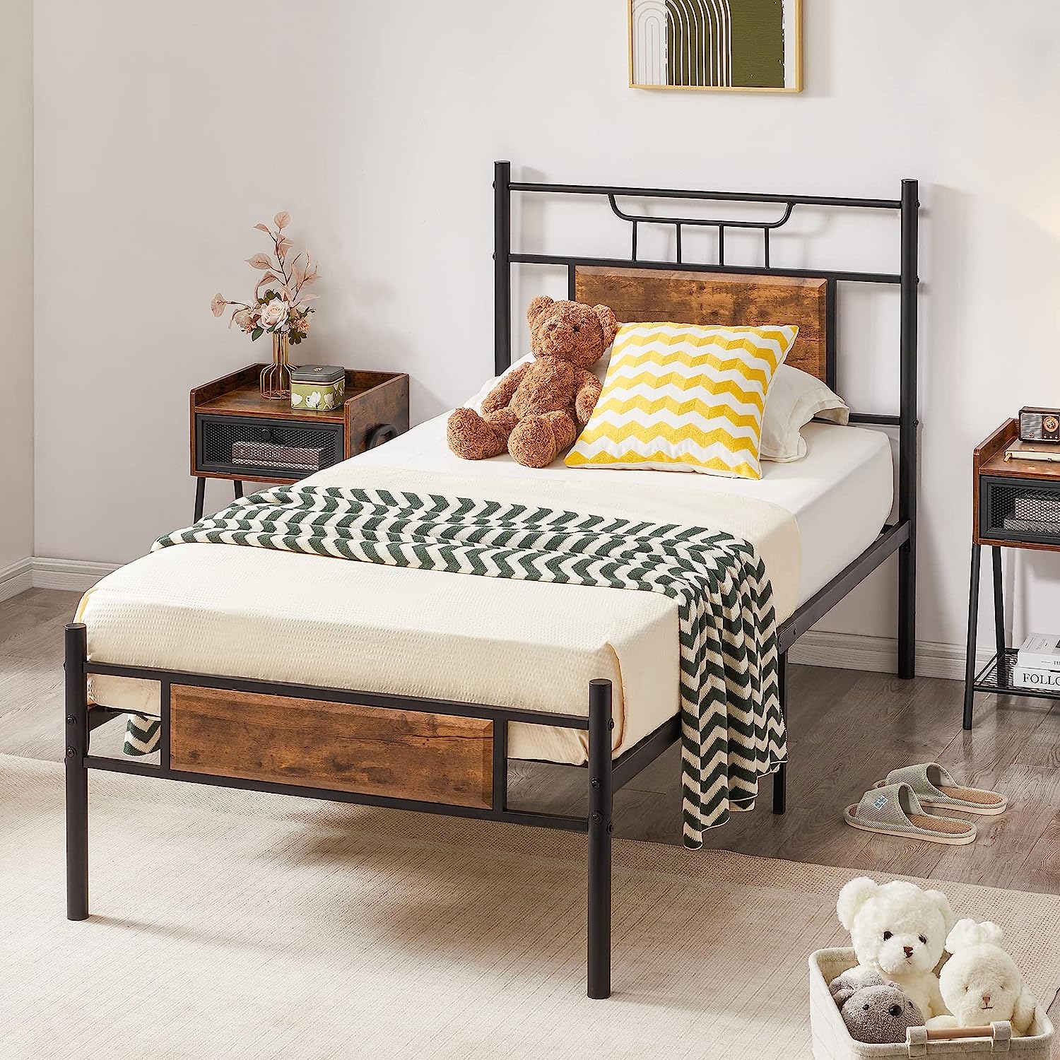 VECELO Platform Bed Frame with Wood Headboard No Box Spring Needed Heavy Duty Steel Slat