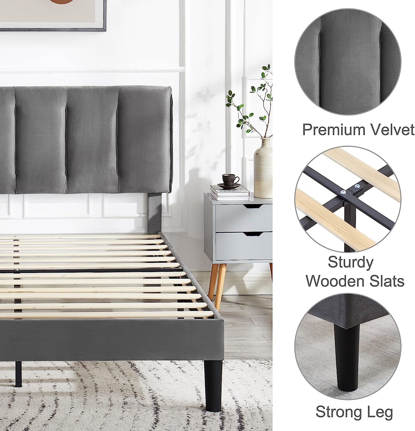 VECELO Modern Upholstered Platform Bedframe, Adjustable Headboard