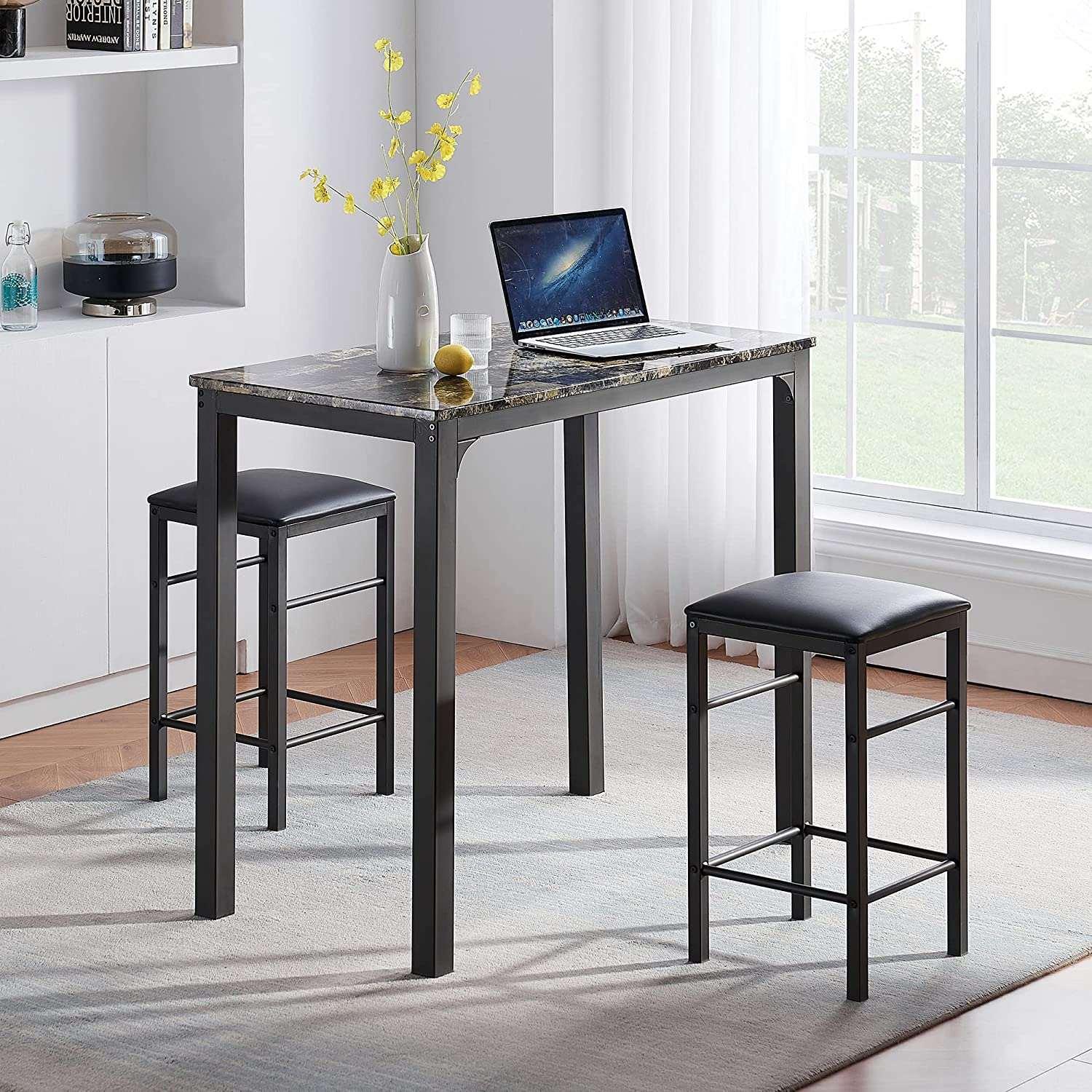 VECELO 3 Piece Metal Dinette Set with Laminated Faux Marble Top for Dining Room/Kitchen - VECELO