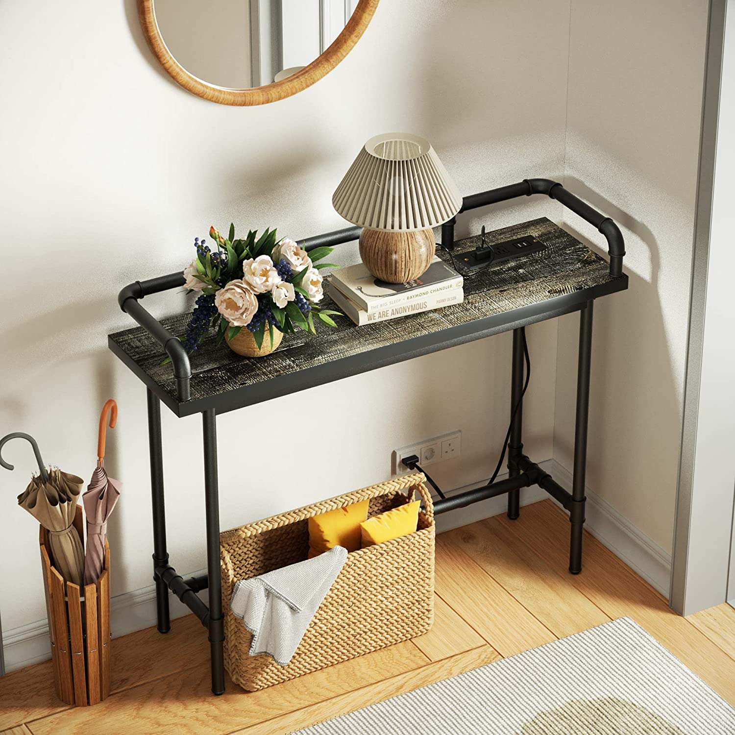 VECELO Extra Long Console/Sofa Table with Charging Station&Power Outle - VECELO