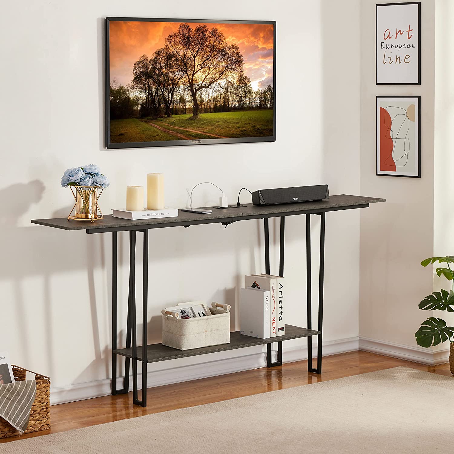 VECELO Couch Side & Console Table with 2 Outlets & 2 USB Ports - VECELO