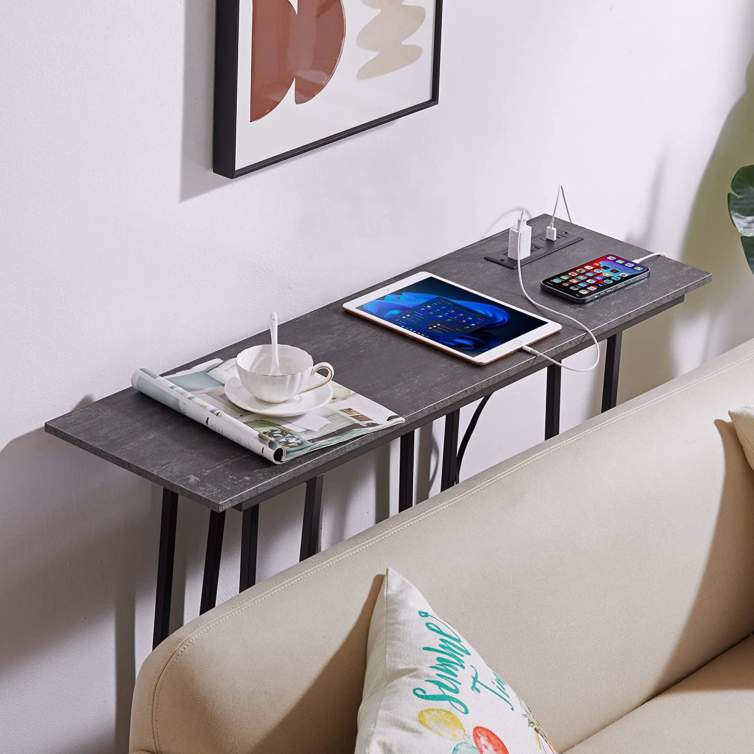 VECELO Couch Side & Console Table with 2 Outlets & 2 USB Ports - VECELO