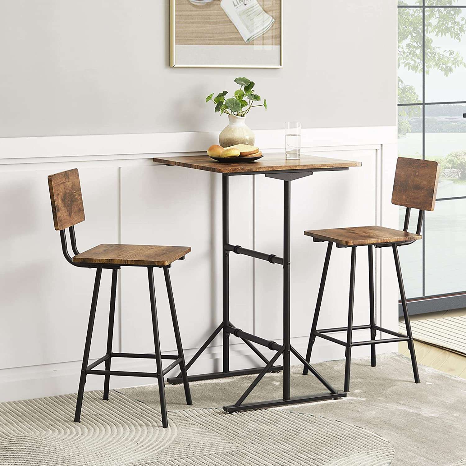 VECELO 3 Piece Bar Table Set, Wood Rectangle Counter Height Dinette with 2 Bistro Stools for Kitchen Breakfast Nook