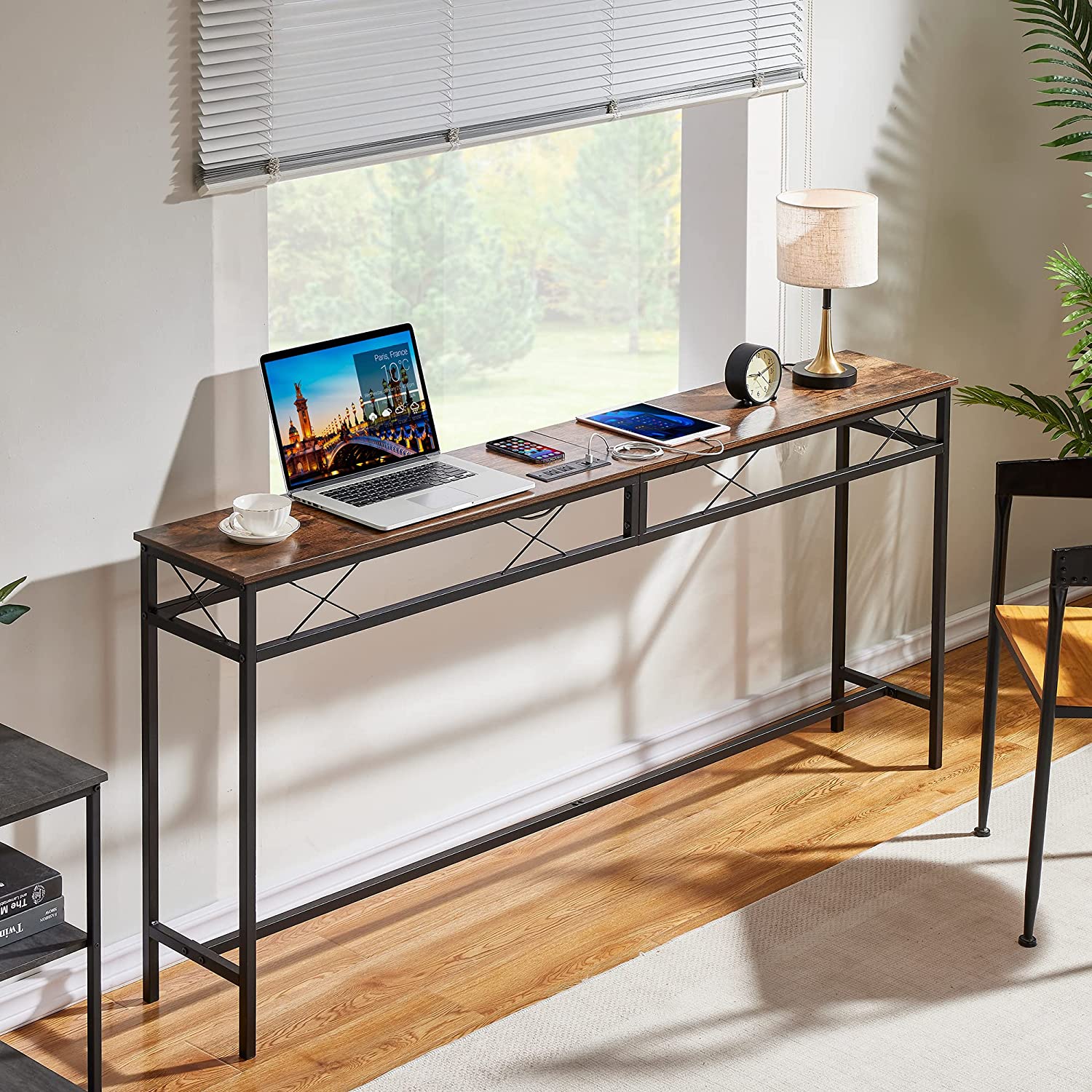 VECELO Extra Long Narrow Sofa/Console Table with Charging Station & Power Outlet and USB Ports