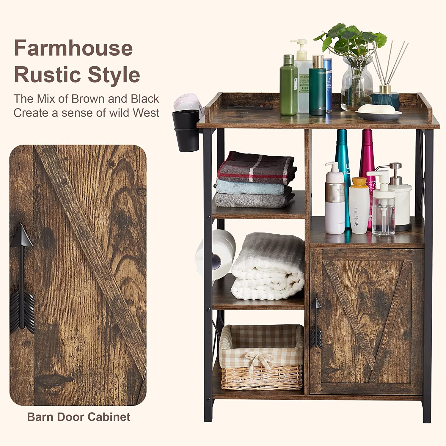 VECELO Floor Cabinet, Freestanding Storage Organizer with 2 Outlets & 3 Shelves for Bathroom, Kitchen,Hallway