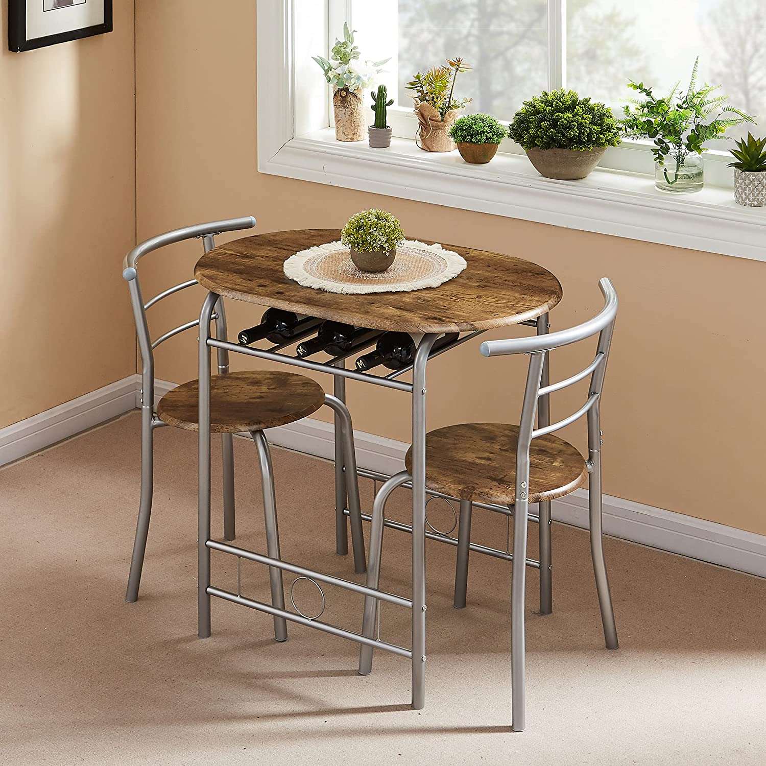 VECELO 3-Piece Dining Table Set/Round Tabletop & Chair for Kitchen