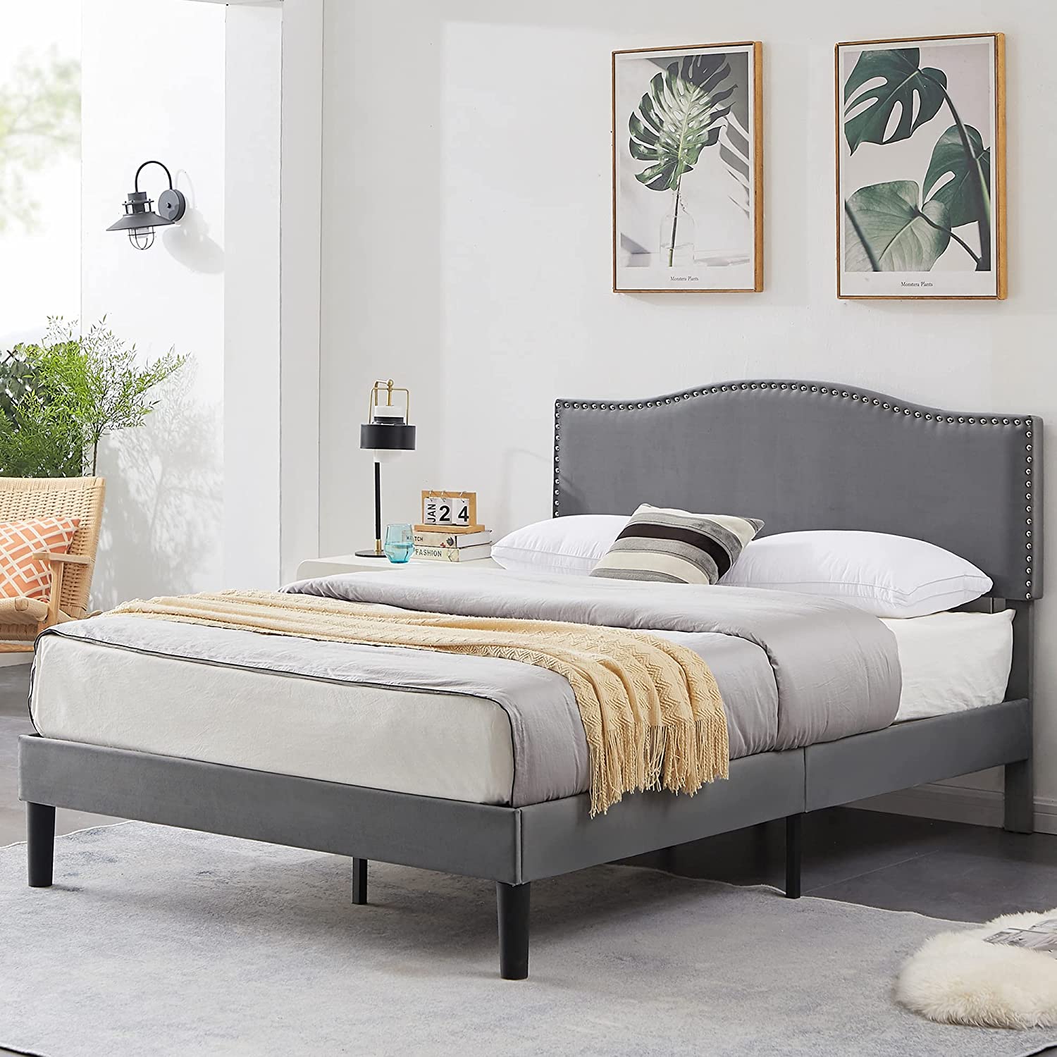 VECELO Bed Frame Platform with Upholstered Headboard & Wooden Slats Support - VECELO