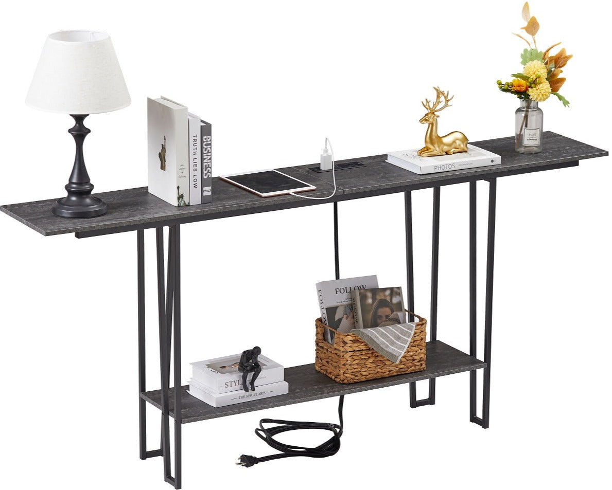 VECELO Couch Side & Console Table with 2 Outlets & 2 USB Ports - VECELO