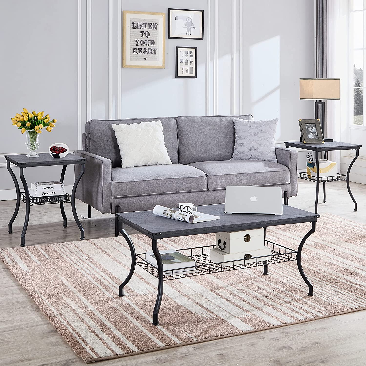 VECELO 3 Pieces Living Room Sets Coffee and End Tables - VECELO