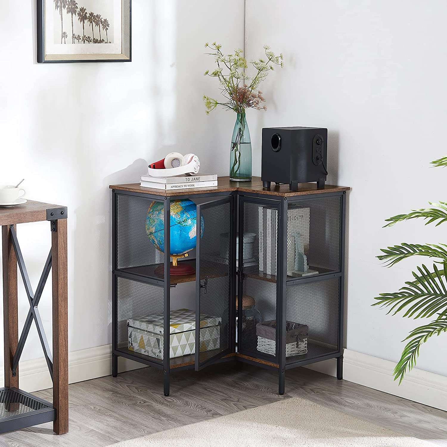 VECELO 3 Tier Corner Cabinet with Doors and Storage Shelves, Industrial TV Multipurpose Free-Standing Table for Small Space
