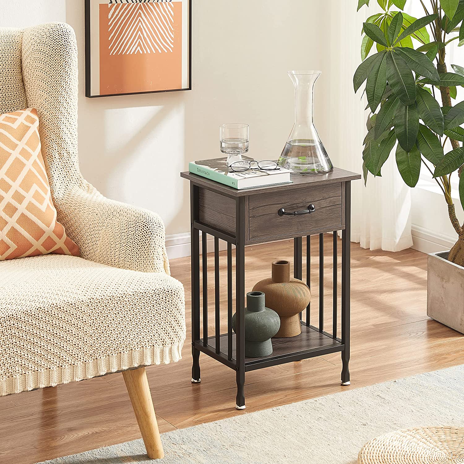 VECELO Industrial End Table,Nightstand with Drawer and Storage Shelf