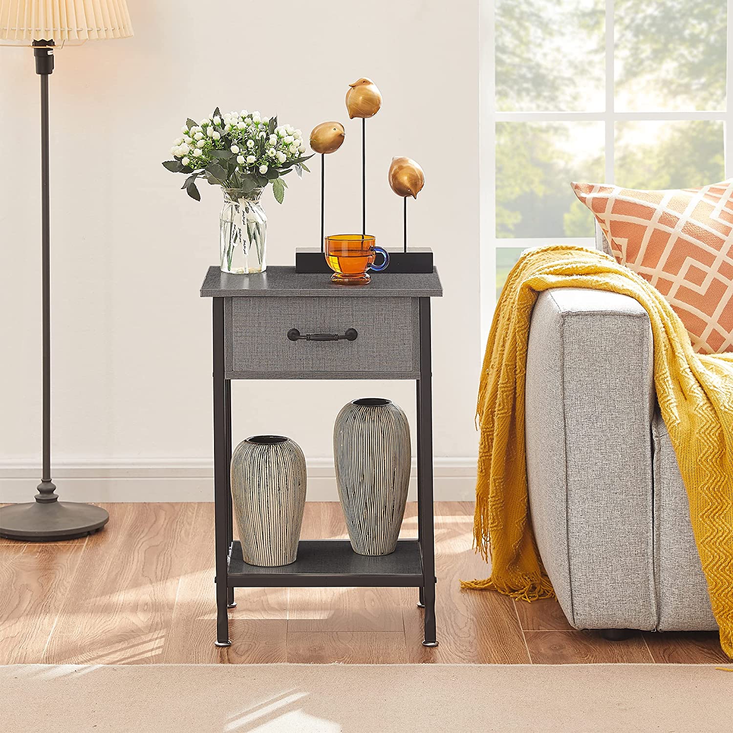 VECELO Industrial End Table,Nightstand with Drawer and Storage Shelf