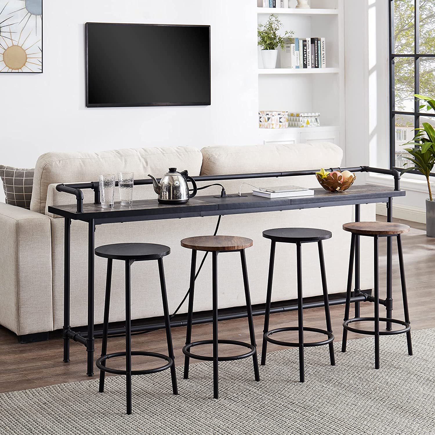 VECELO Extra Long Console/Sofa Table with Charging Station&Power Outle - VECELO