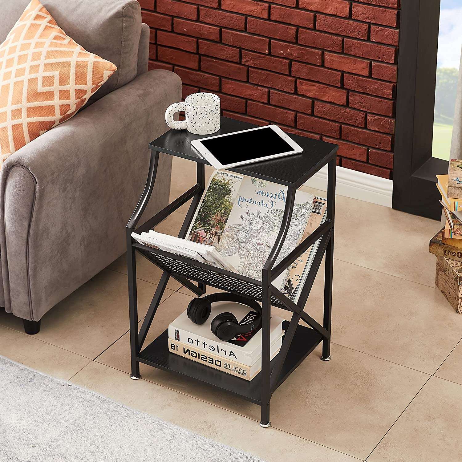 VECELO 3-Tier End Table with Storage Magazine Holder - VECELO