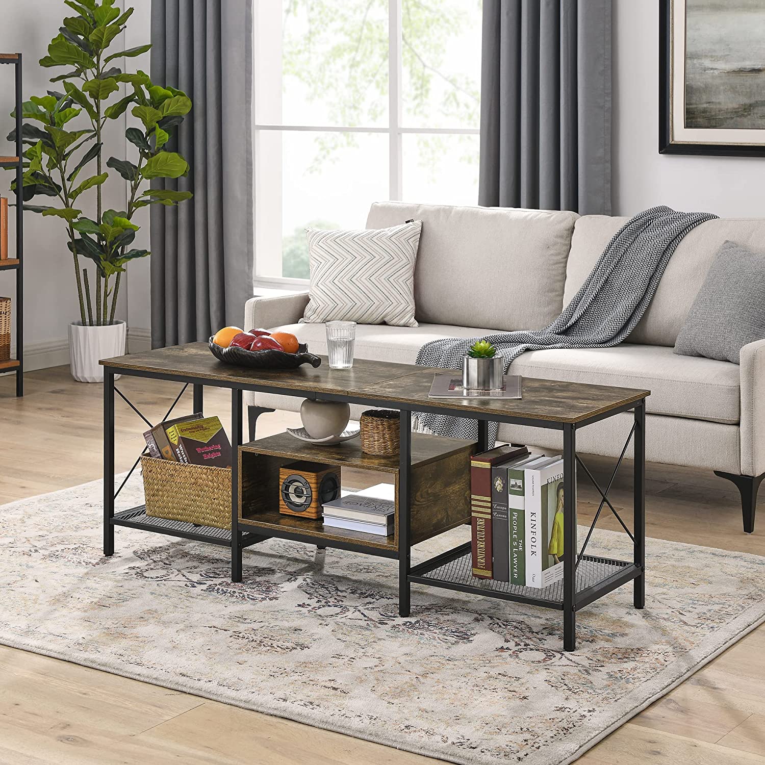 VECELO Industrial TV Stand Television Cabinet 3-Tier Console with Open Storage Shelves, Entertainment Center with Metal Frame for Living Room