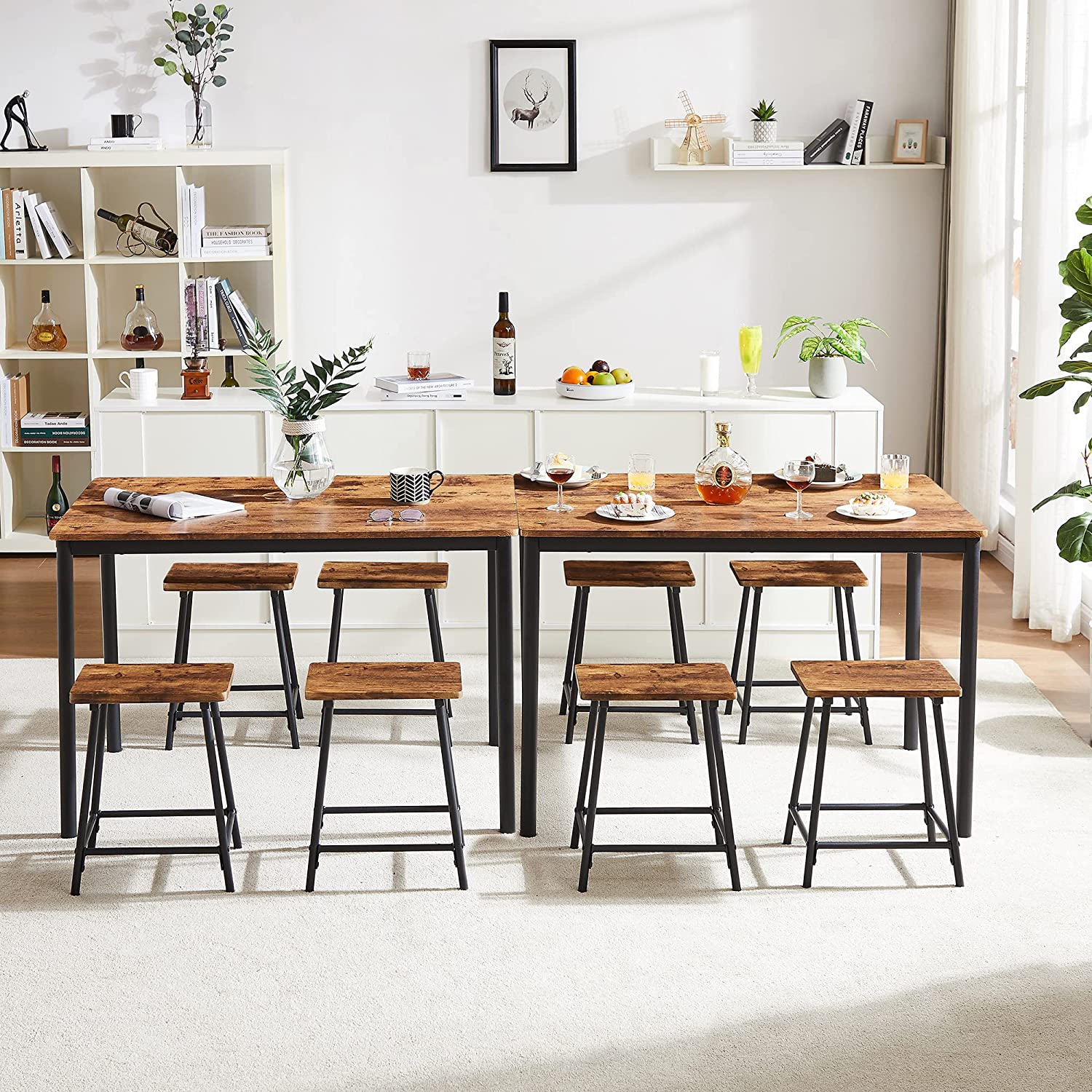 VECELO 5-Piece Dining Table Set Metal and Wood Kitchen Furniture with 4 Stools - VECELO