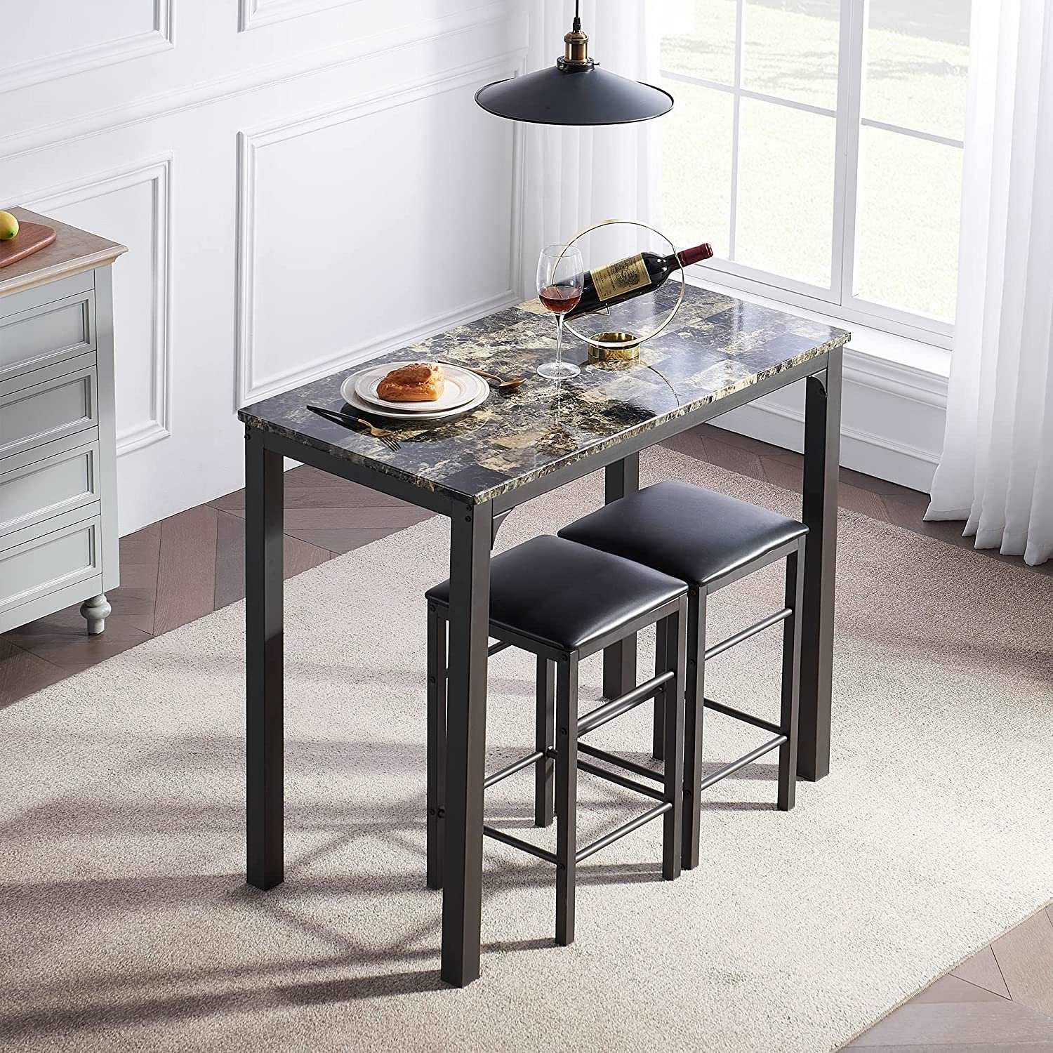 VECELO 3 Piece Metal Dinette Set with Laminated Faux Marble Top for Dining Room/Kitchen - VECELO