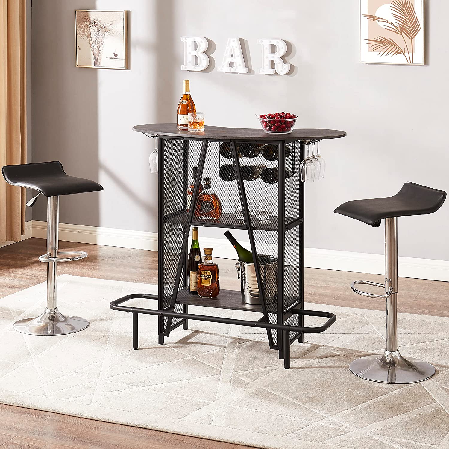 VECELO Bar Unit with Metal Mesh Front, 3-Tier Wine Rack Table with Glasses Holder - VECELO