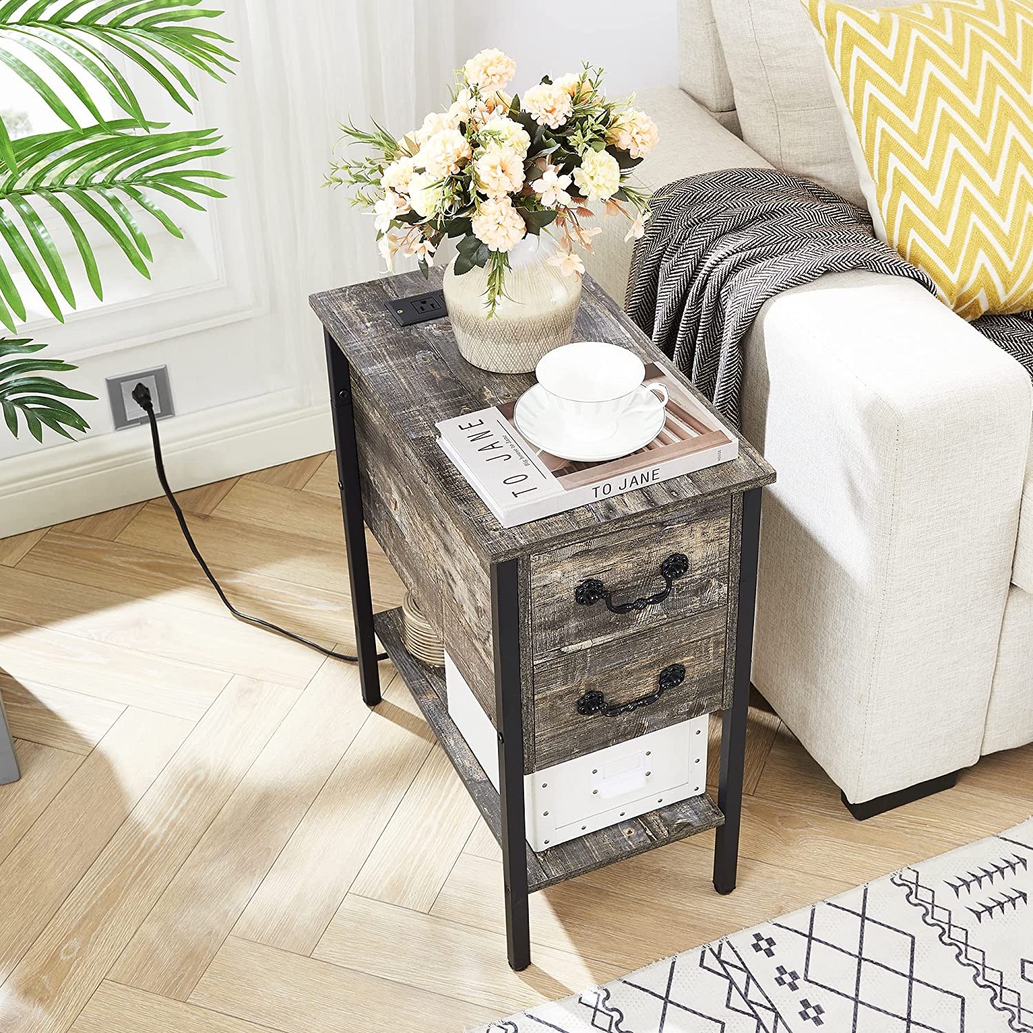 VECELO End Tables,Narrow Nightstands with Charging Station & USB Ports &Drawers