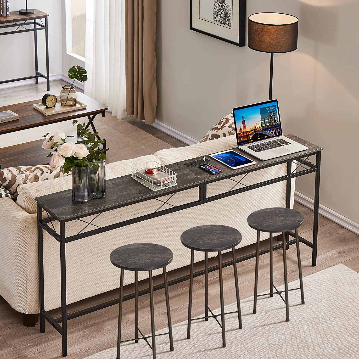 VECELO Extra Long Narrow Sofa/Console Table with Charging Station & Power Outlet and USB Ports