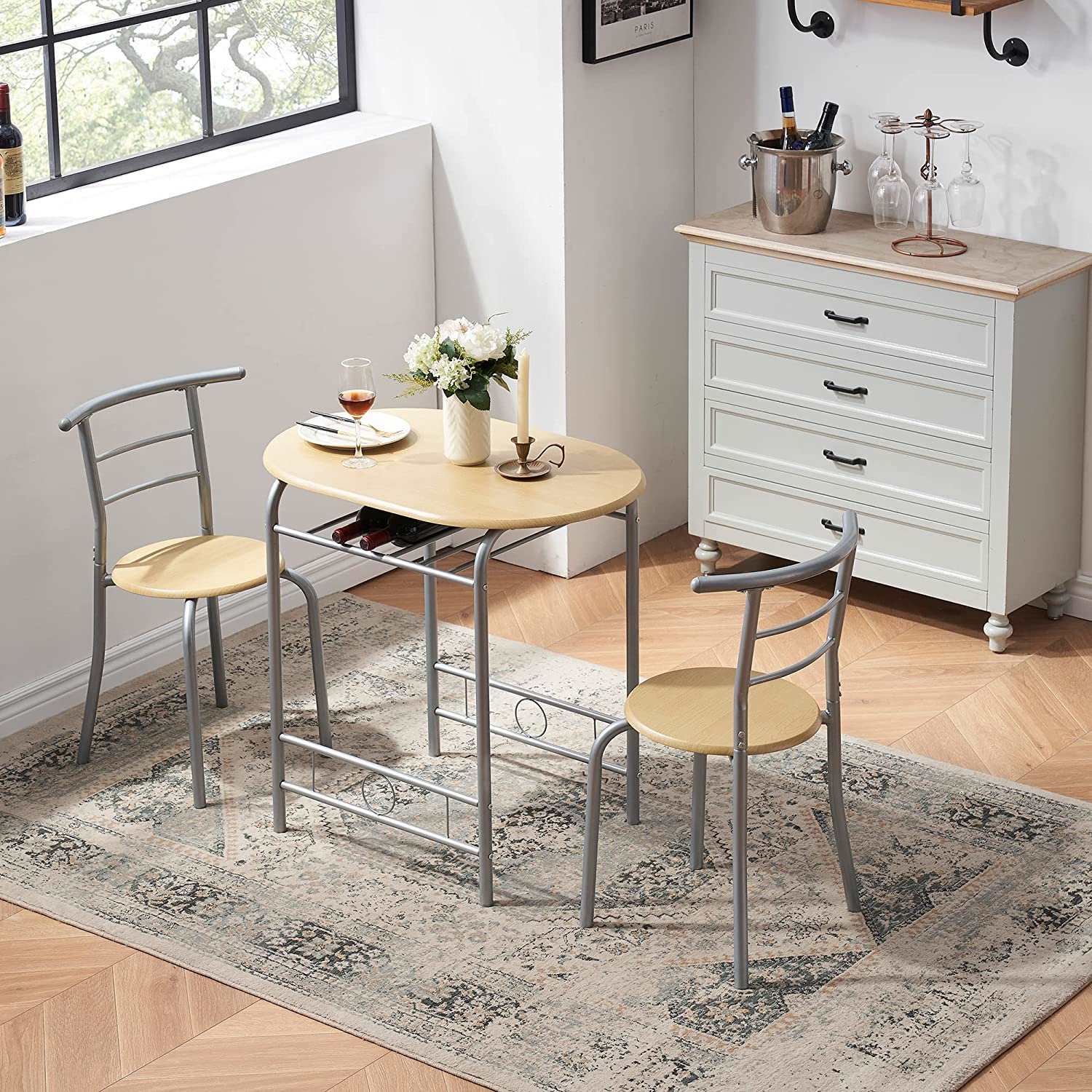 VECELO 3-Piece Dining Table Set/Round Tabletop & Chair for Kitchen - VECELO