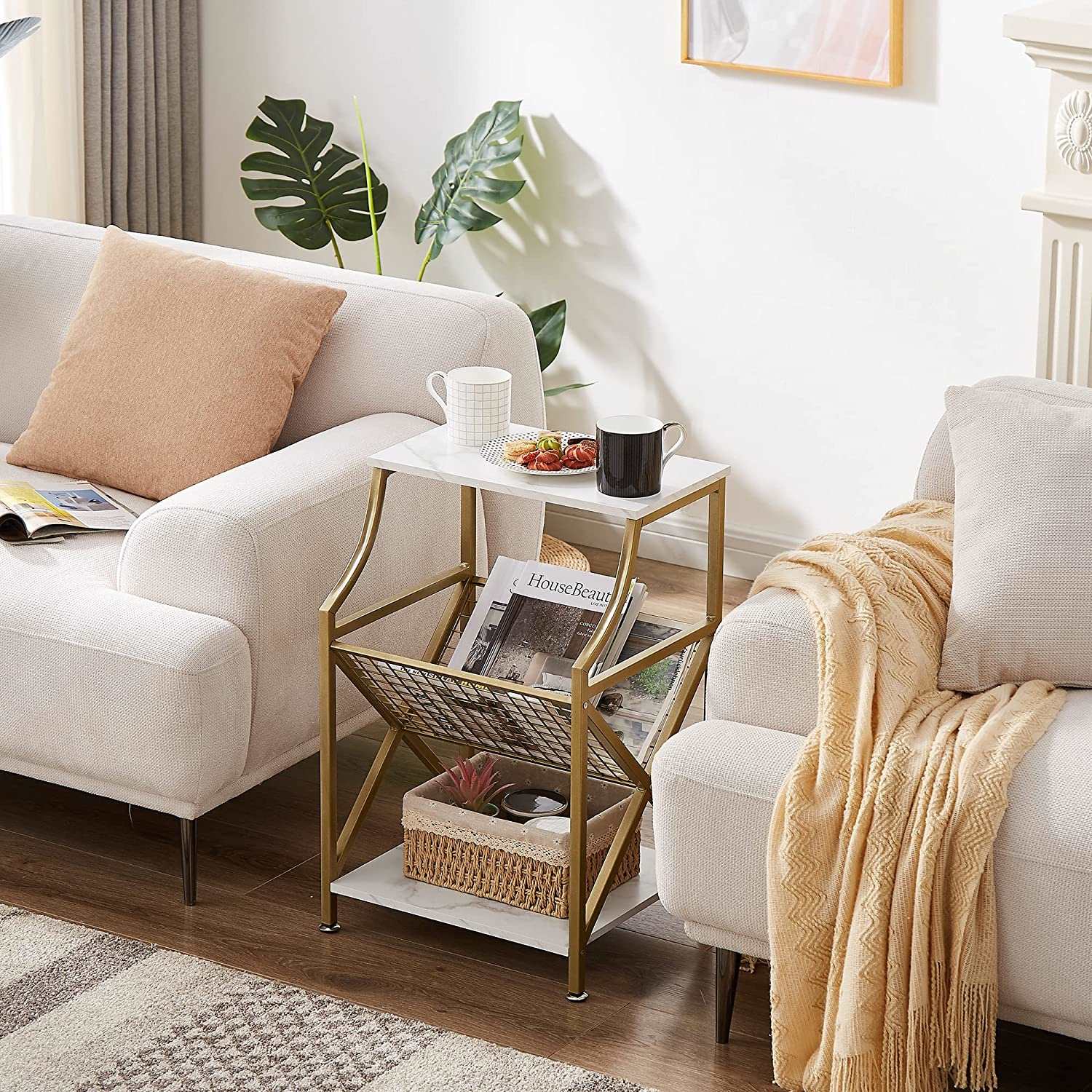 VECELO 3-Tier End Table with Storage Magazine Holder - VECELO