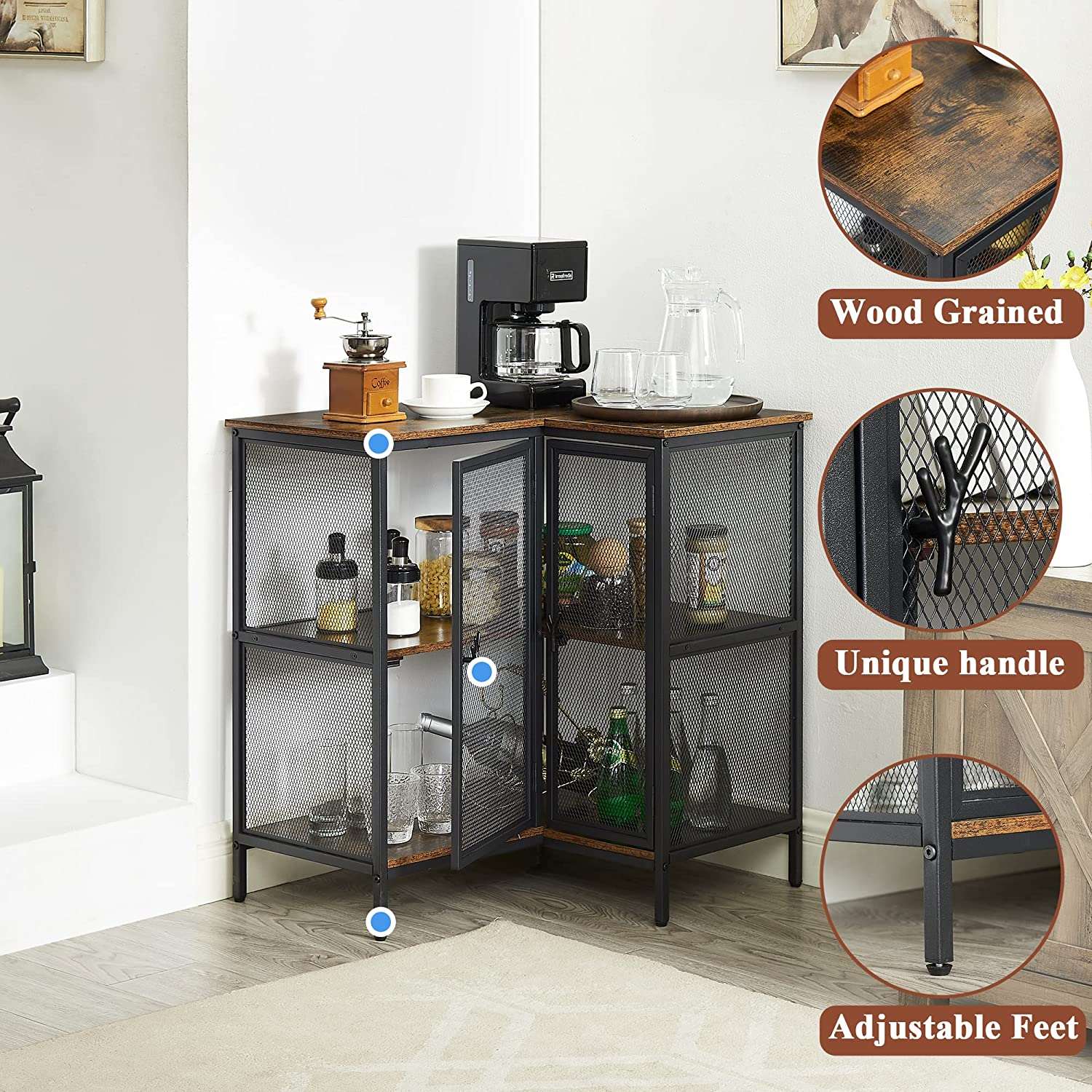 VECELO 3 Tier Corner Cabinet with Doors and Storage Shelves, Industrial TV Multipurpose Free-Standing Table for Small Space