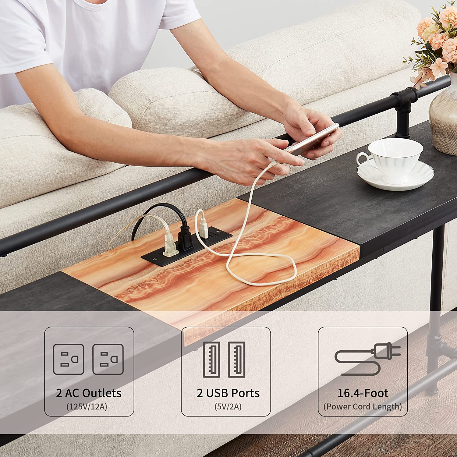 VECELO Extra Long Console/Sofa Table with Charging Station&Power Outle - VECELO