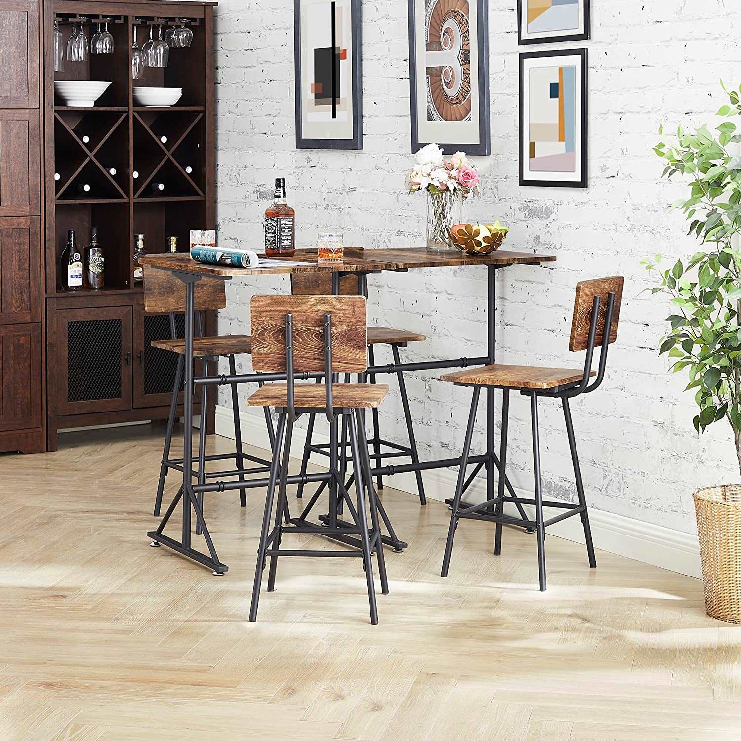 VECELO 3 Piece Bar Table Set, Wood Rectangle Counter Height Dinette with 2 Bistro Stools for Kitchen Breakfast Nook