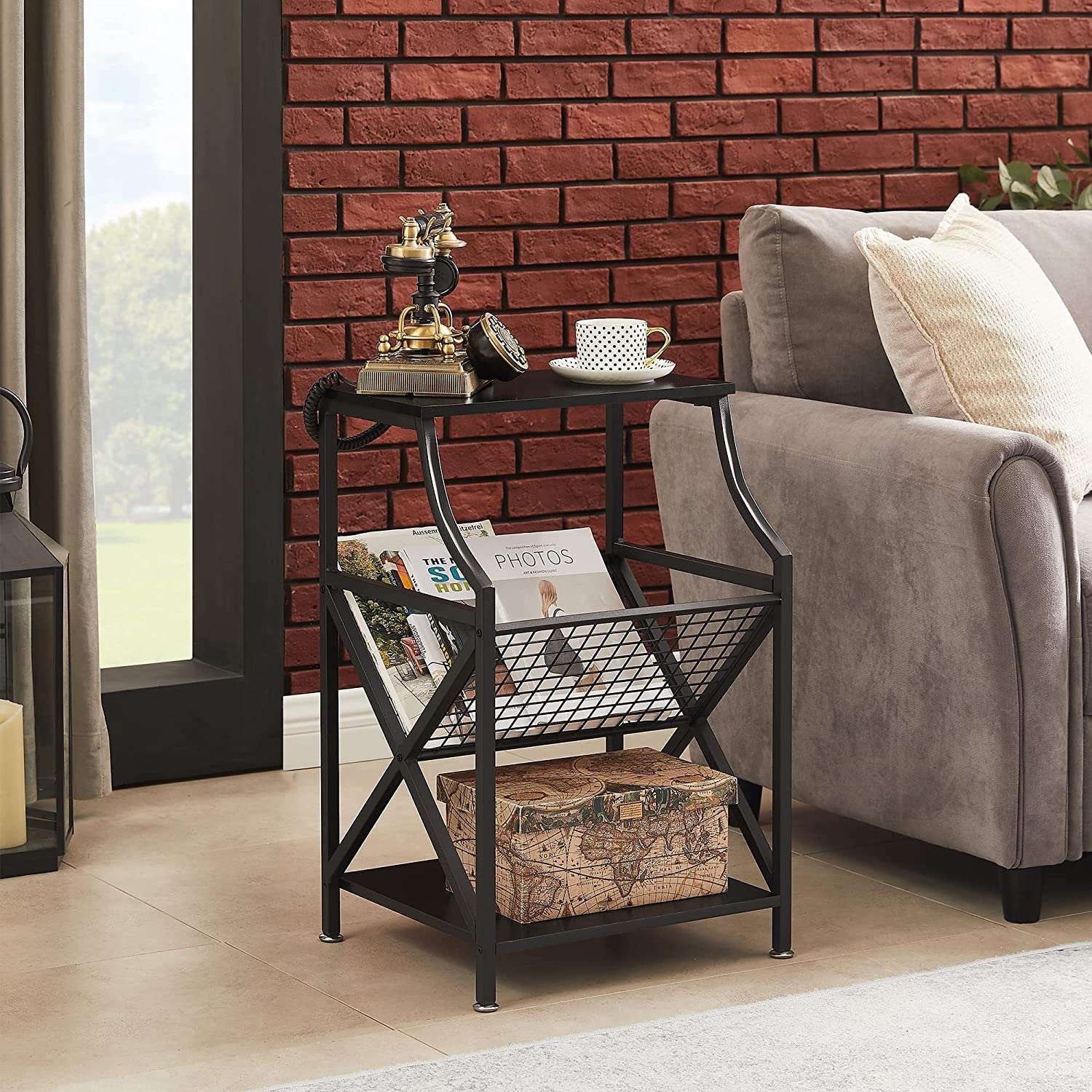 VECELO 3-Tier End Table with Storage Magazine Holder - VECELO