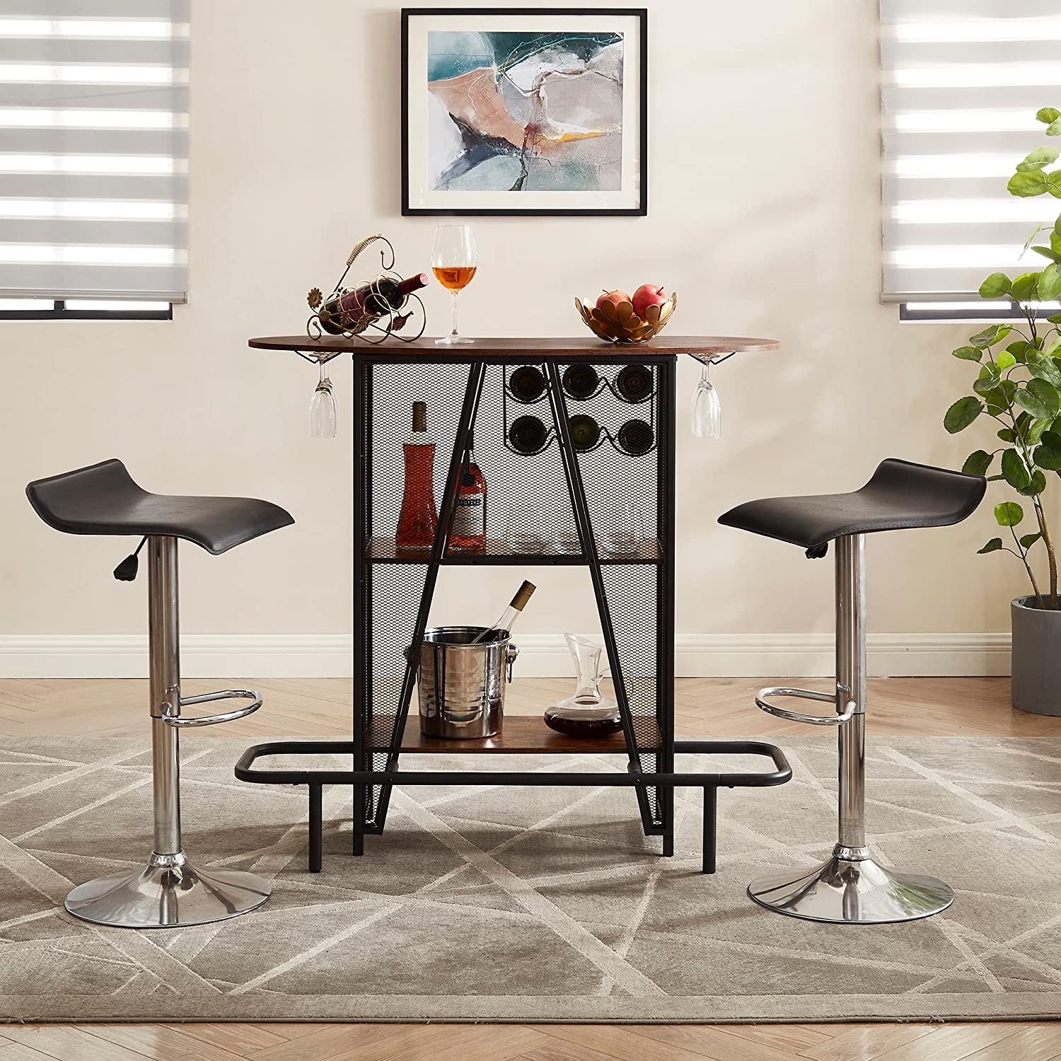 VECELO Bar Unit with Metal Mesh Front, 3-Tier Wine Rack Table with Glasses Holder - VECELO