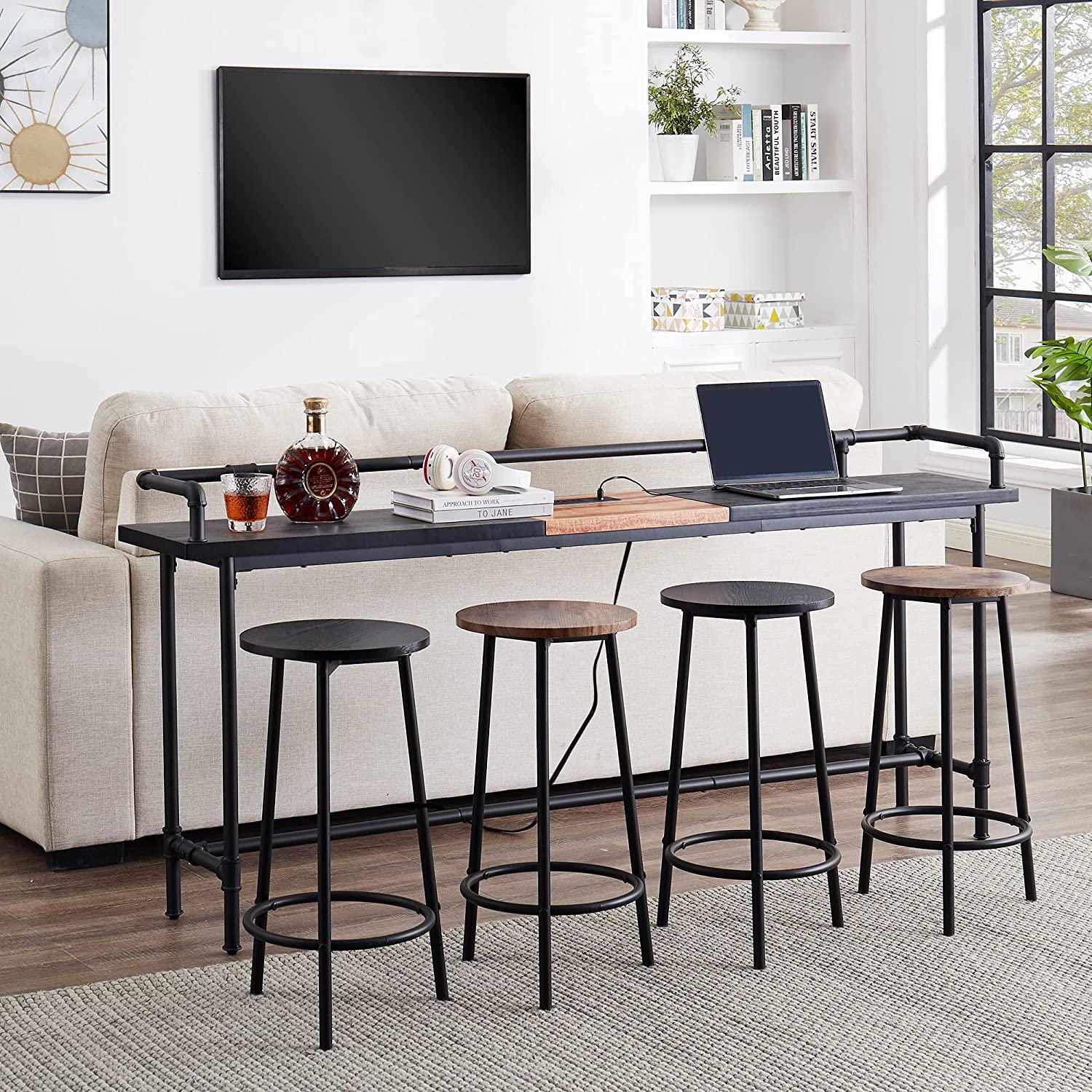 VECELO Extra Long Console/Sofa Table with Charging Station&Power Outle - VECELO