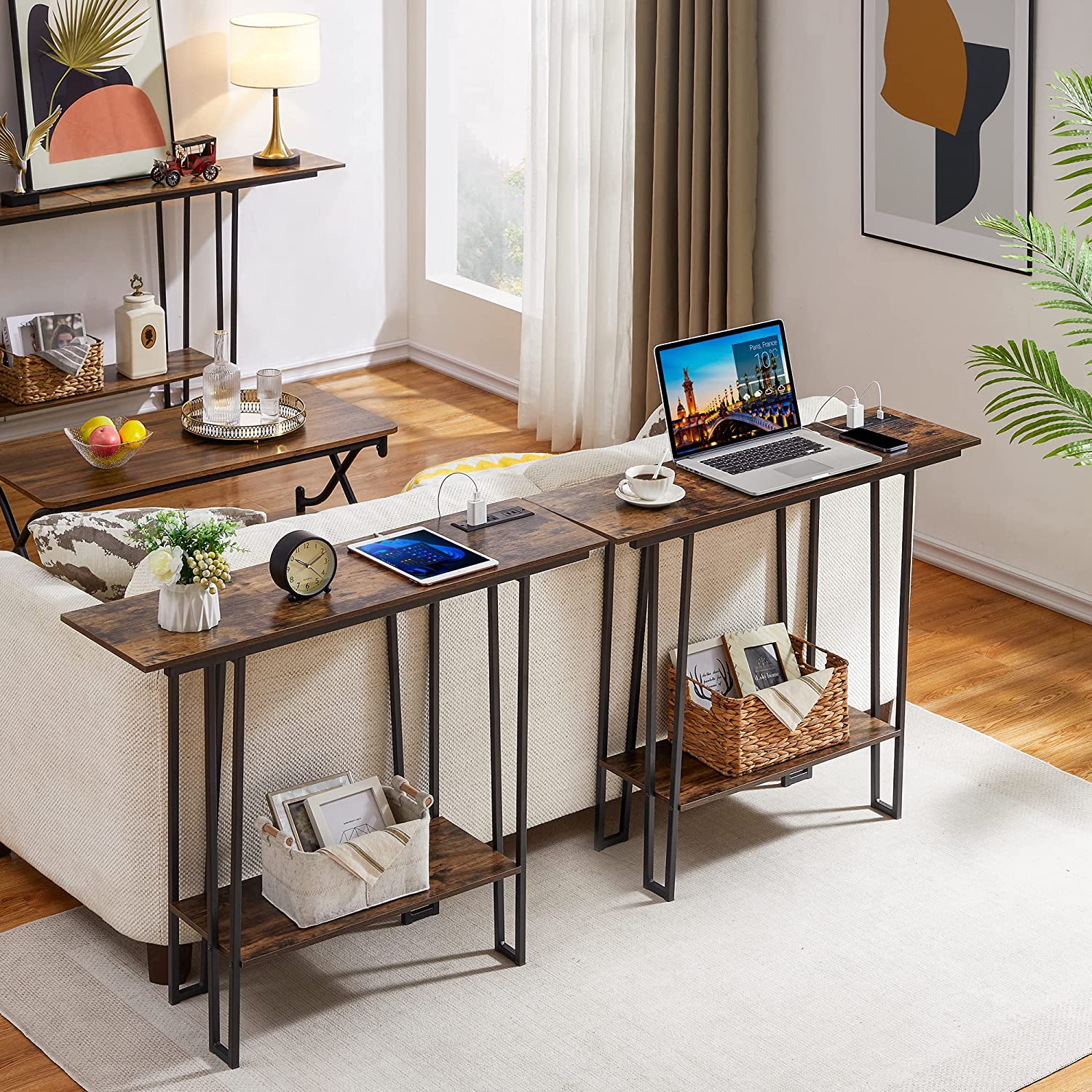 VECELO Couch Side & Console Table with 2 Outlets & 2 USB Ports - VECELO